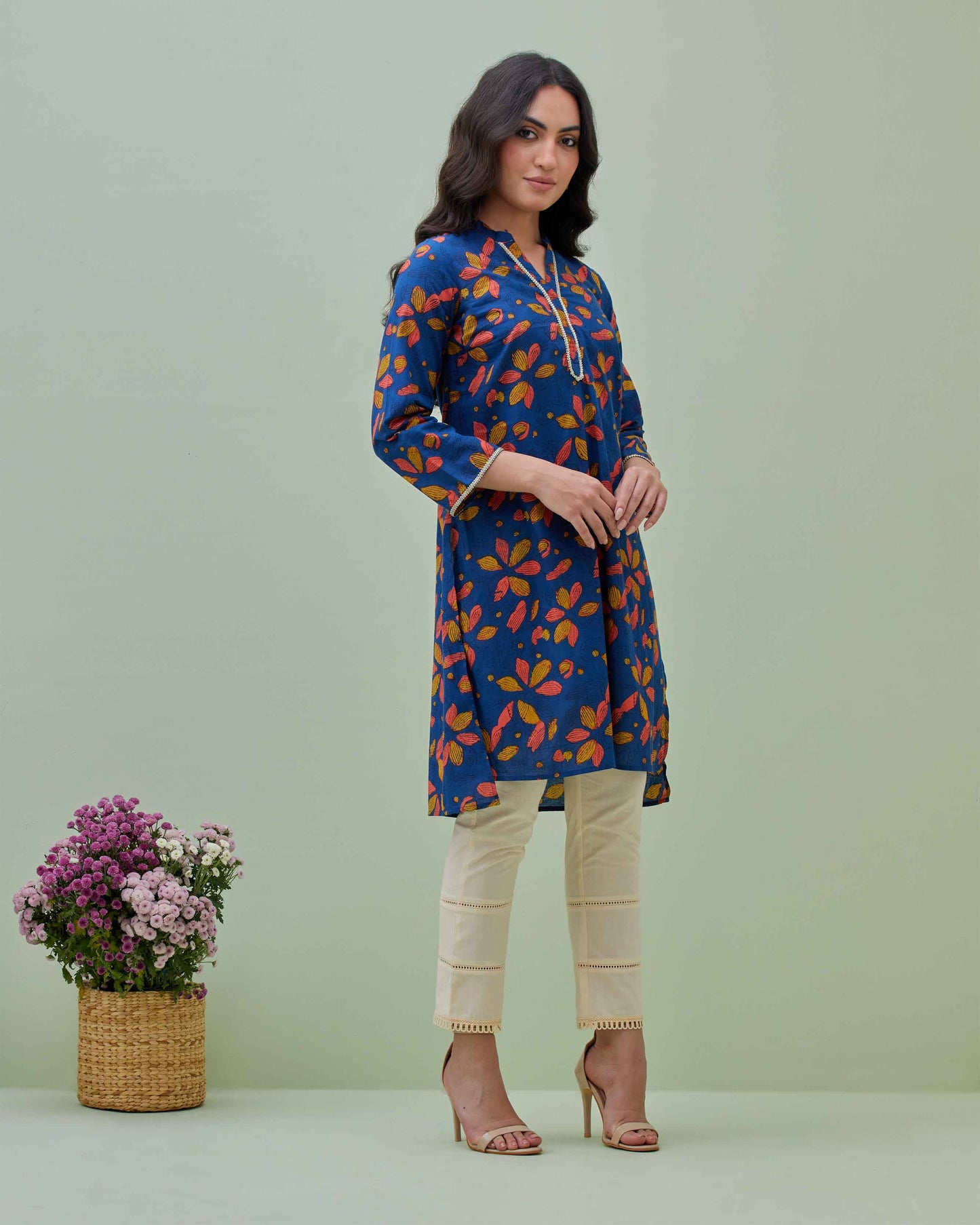 Blue Block Printed Kurta with Fitted Pants