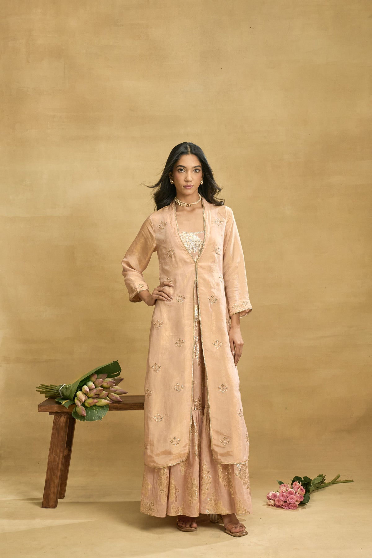 Rose Gold Reverie Set by Grass & Sunshine – peach tissue jacket and kurta set, image 1 of 6
