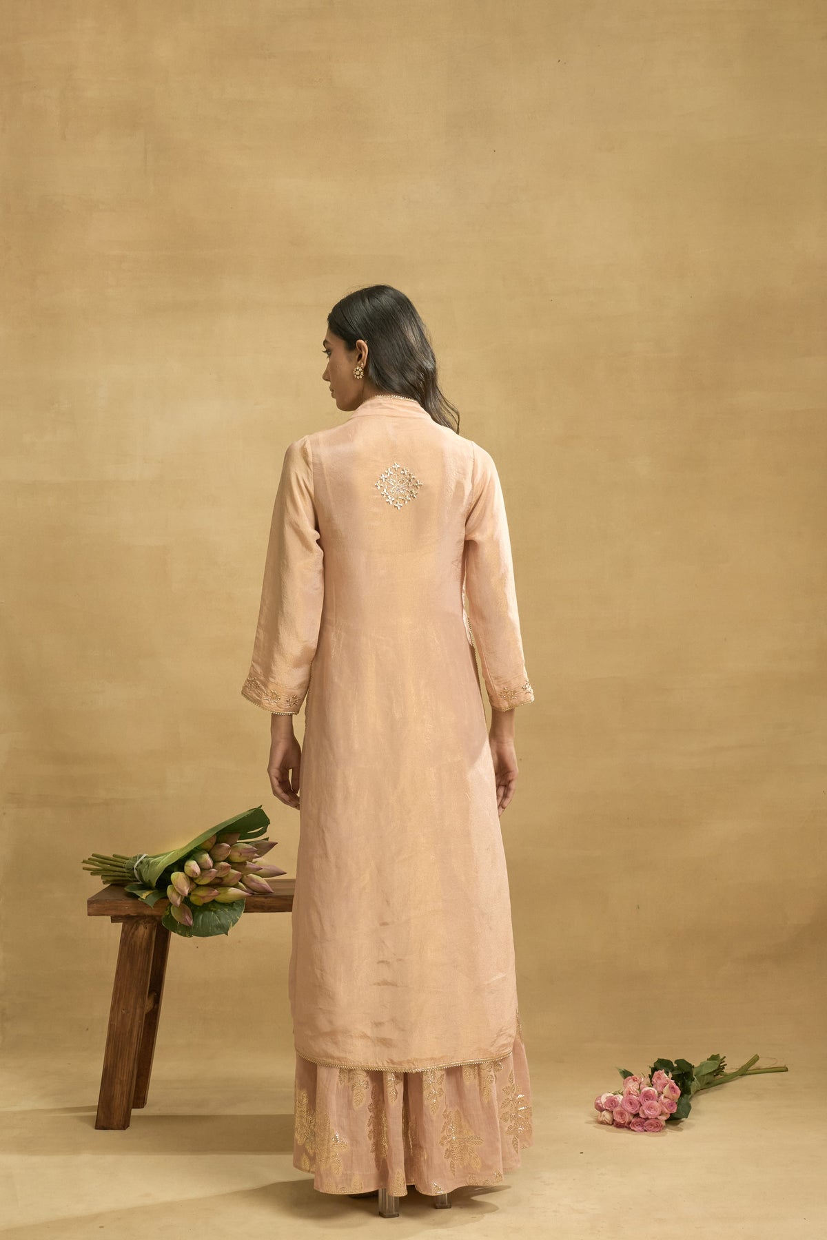 Rose Gold Reverie Set by Grass & Sunshine – peach tissue jacket and kurta set, image 2 of 6