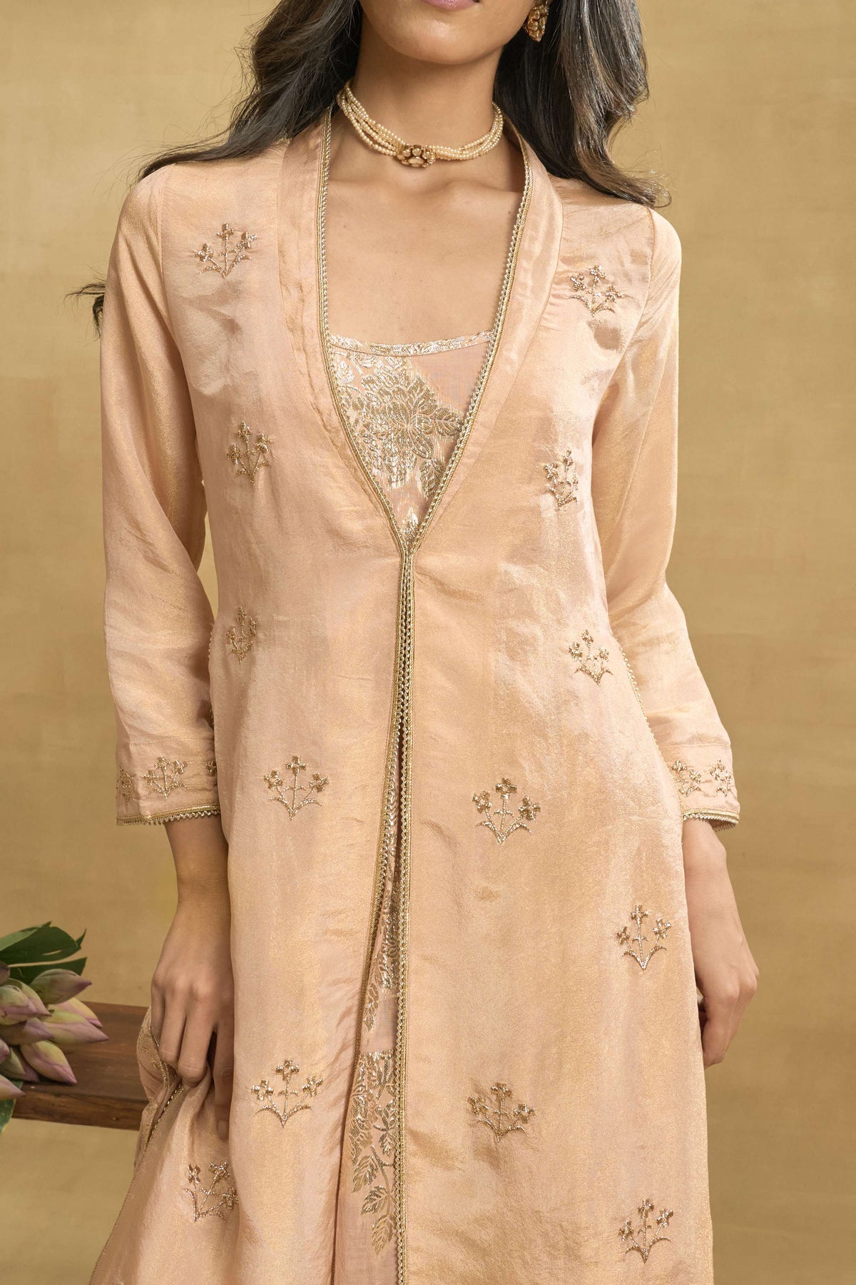 Rose Gold Reverie Set by Grass & Sunshine – peach tissue jacket and kurta set, image 3 of 6