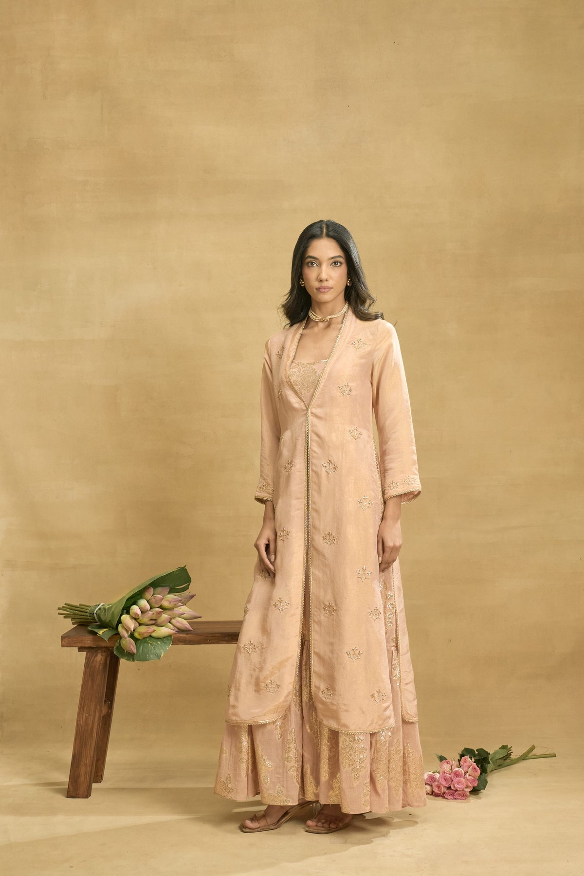 Rose Gold Reverie Set by Grass & Sunshine – peach tissue jacket and kurta set, image 4 of 6