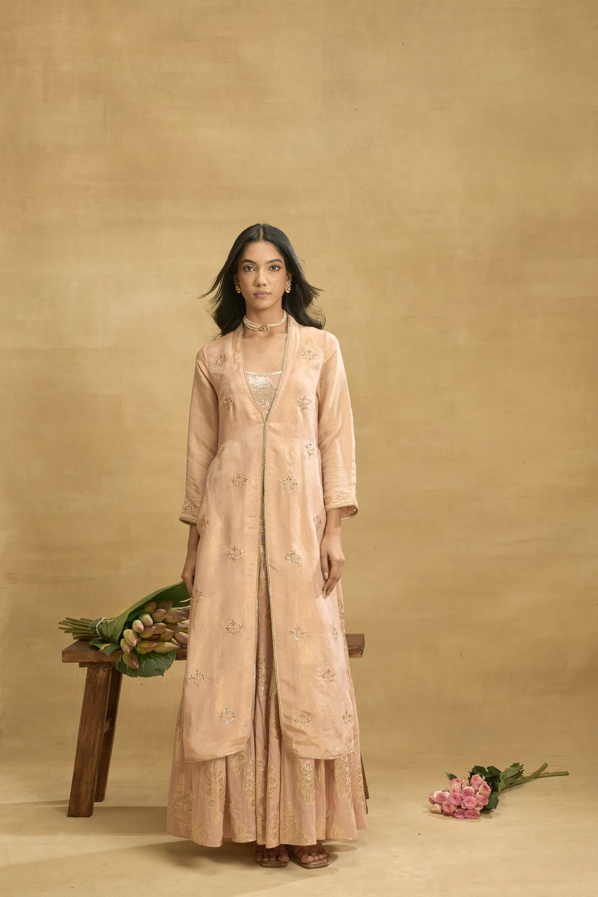 Rose Gold Reverie Set by Grass & Sunshine – peach tissue jacket and kurta set, image 5 of 6