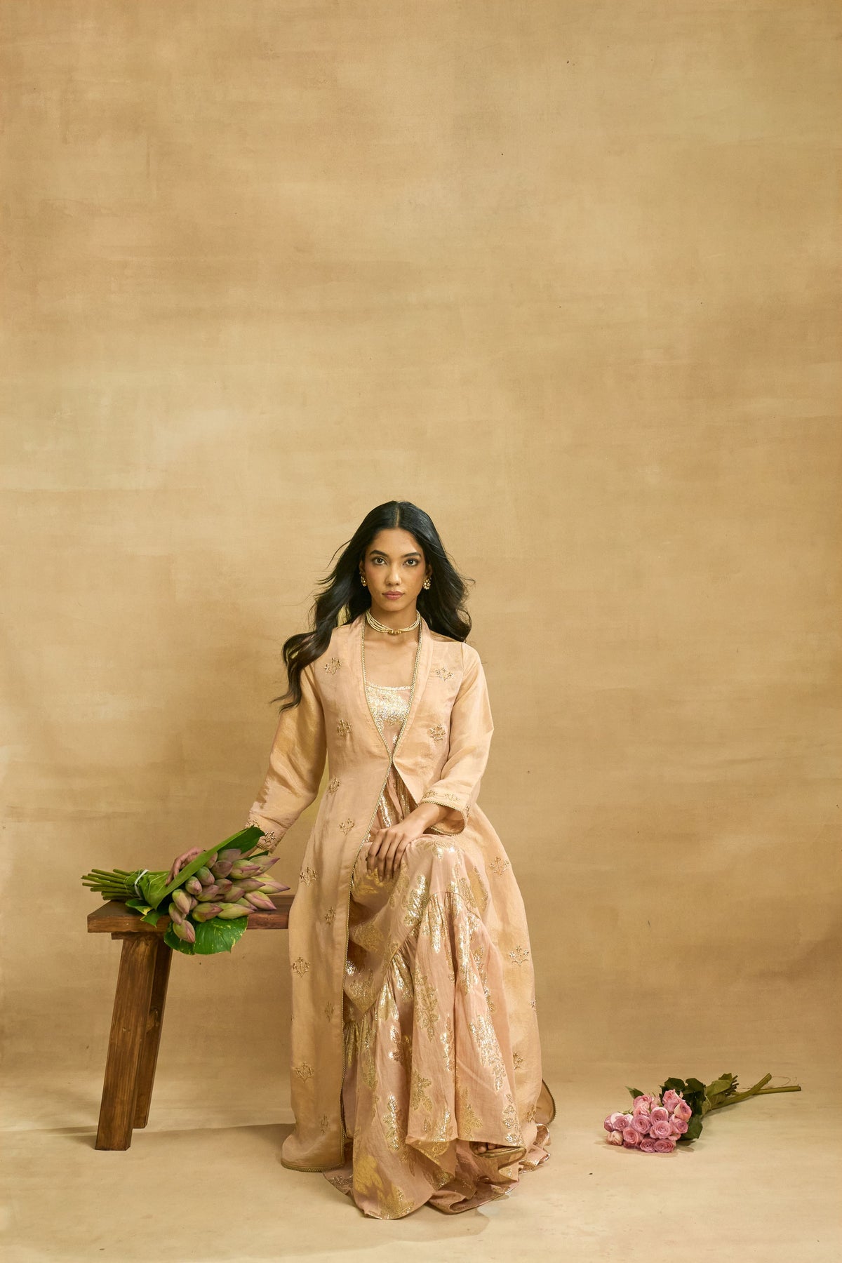 Rose Gold Reverie Set by Grass & Sunshine – peach tissue jacket and kurta set, image 6 of 6