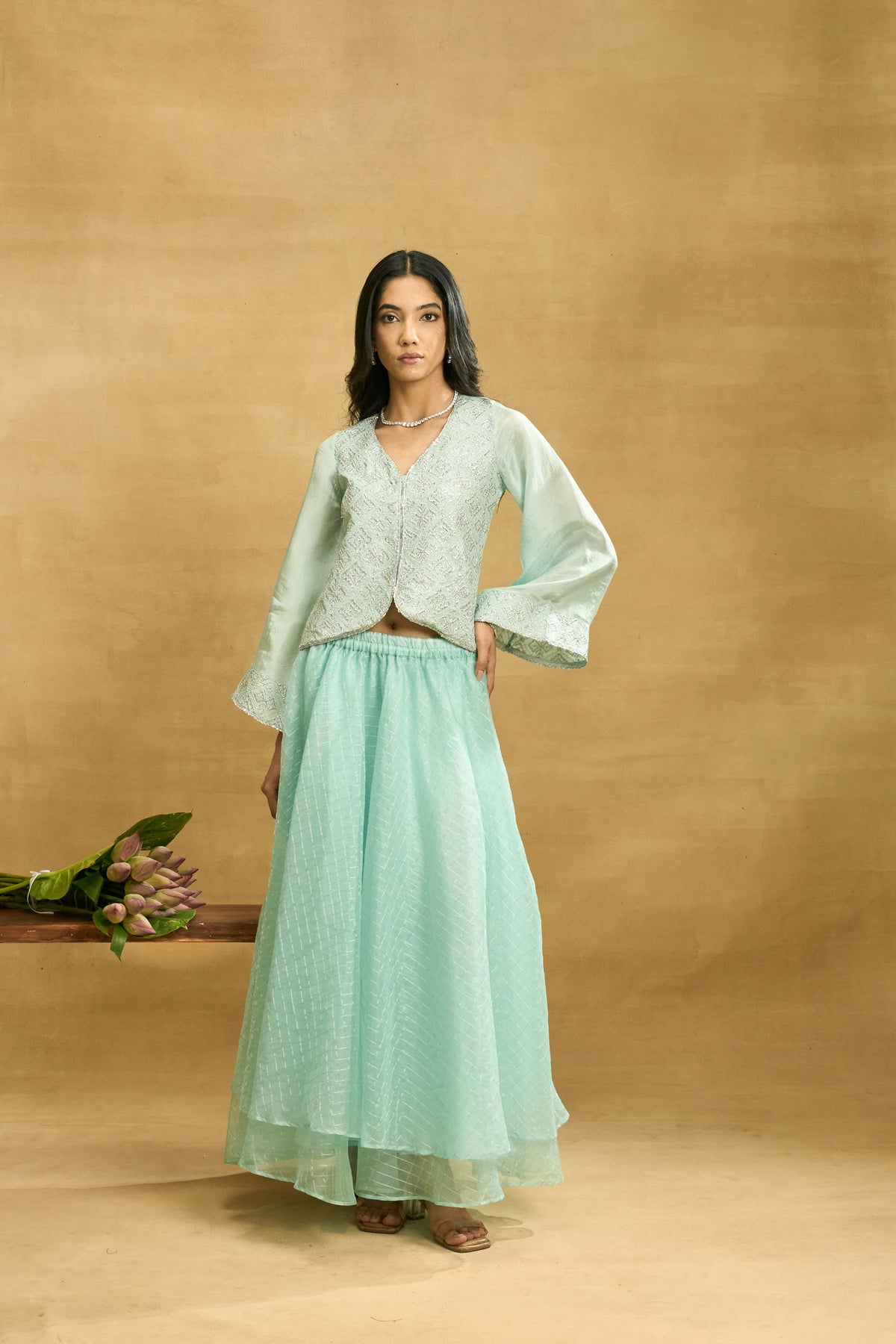Aqua Mist Skirt Set by Grass & Sunshine – powder blue embroidered top and organza skirt set, image 1 of 6