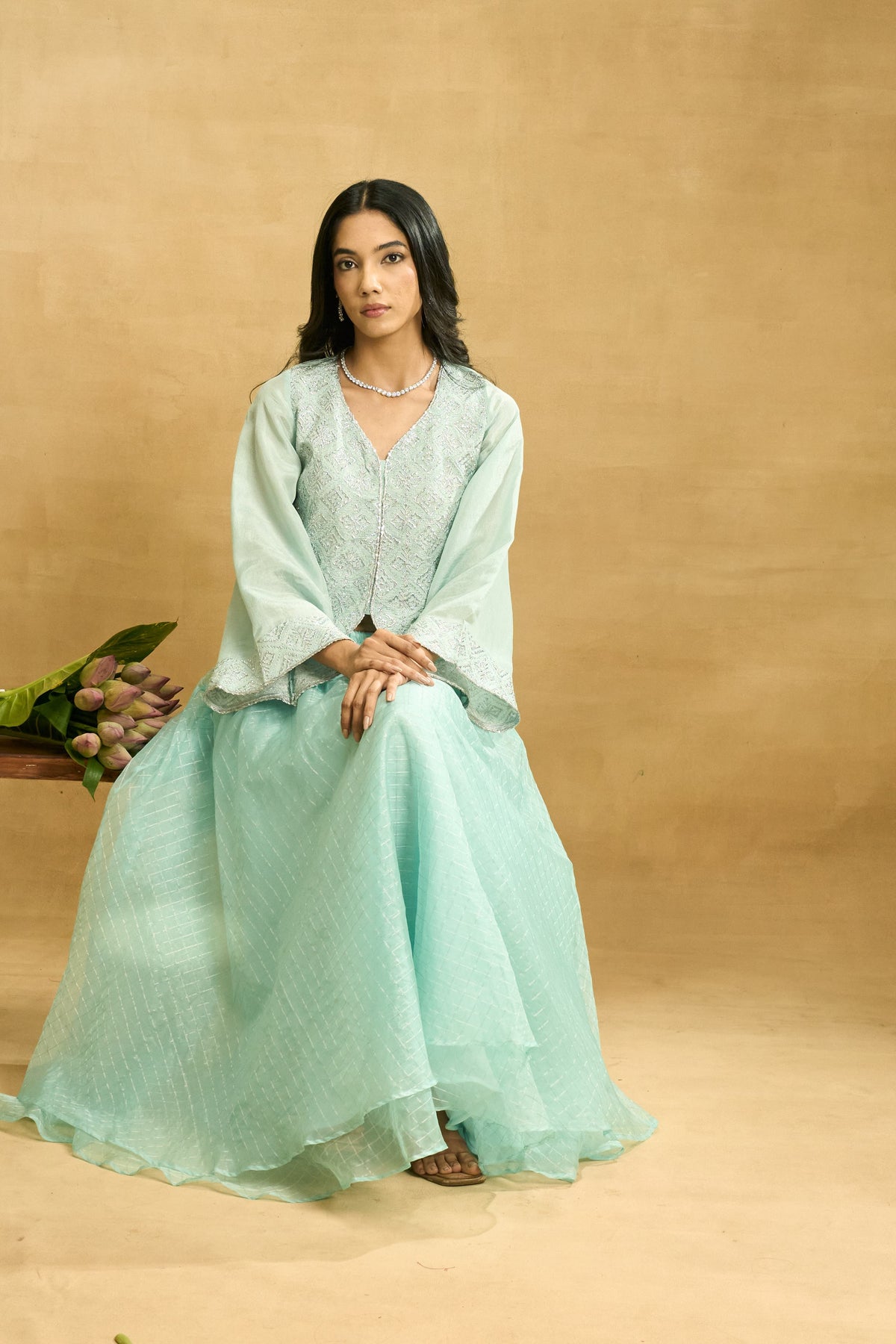 Aqua Mist Skirt Set by Grass & Sunshine – powder blue embroidered top and organza skirt set, image 4 of 6
