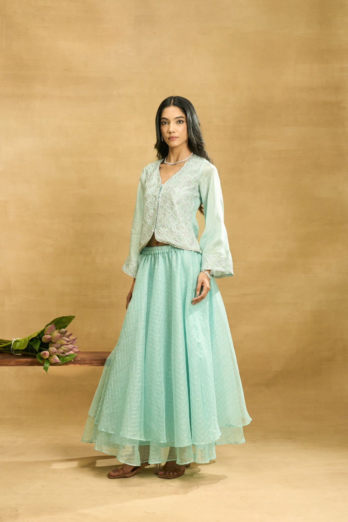 Aqua Mist Skirt Set by Grass & Sunshine – powder blue embroidered top and organza skirt set, image 5 of 6