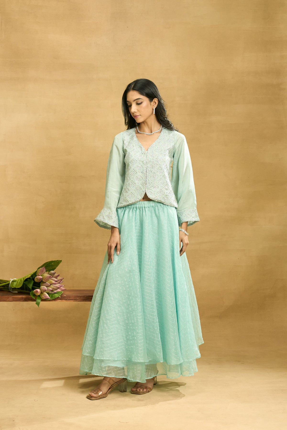 Aqua Mist Skirt Set by Grass & Sunshine – powder blue embroidered top and organza skirt set, image 6 of 6