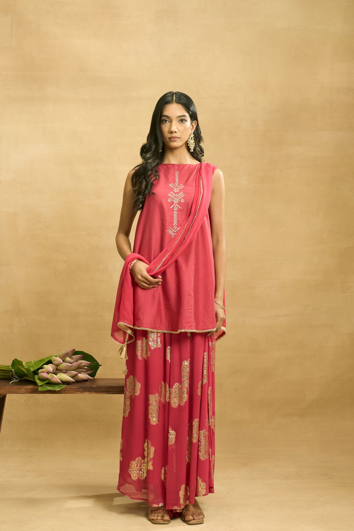 Maroon Glow Set by Grass & Sunshine – maroon chanderi kurta, palazzo and dupatta set, image 1 of 10