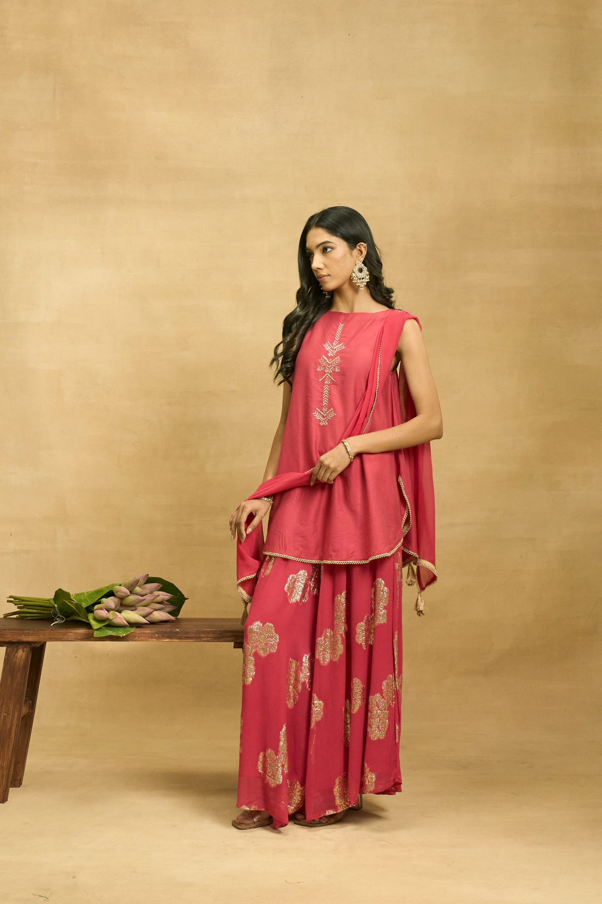 Maroon Glow Set by Grass & Sunshine – maroon chanderi kurta, palazzo and dupatta set, image 4 of 10