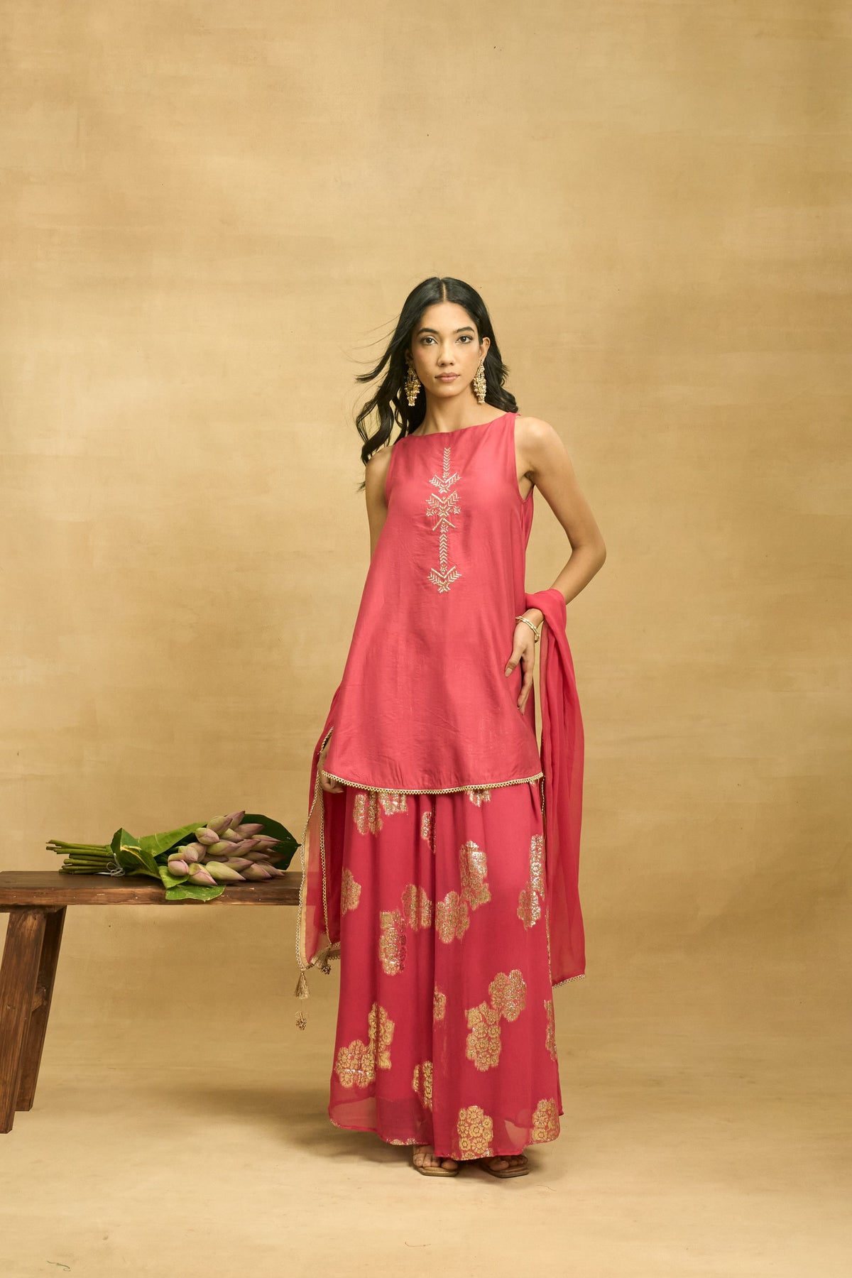 Maroon Glow Set by Grass & Sunshine – maroon chanderi kurta, palazzo and dupatta set, image 5 of 10