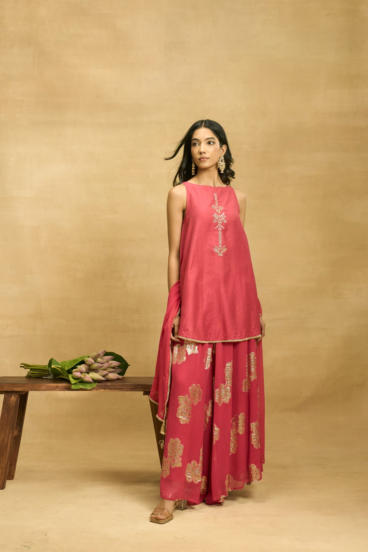 Maroon Glow Set by Grass & Sunshine – maroon chanderi kurta, palazzo and dupatta set, image 6 of 10