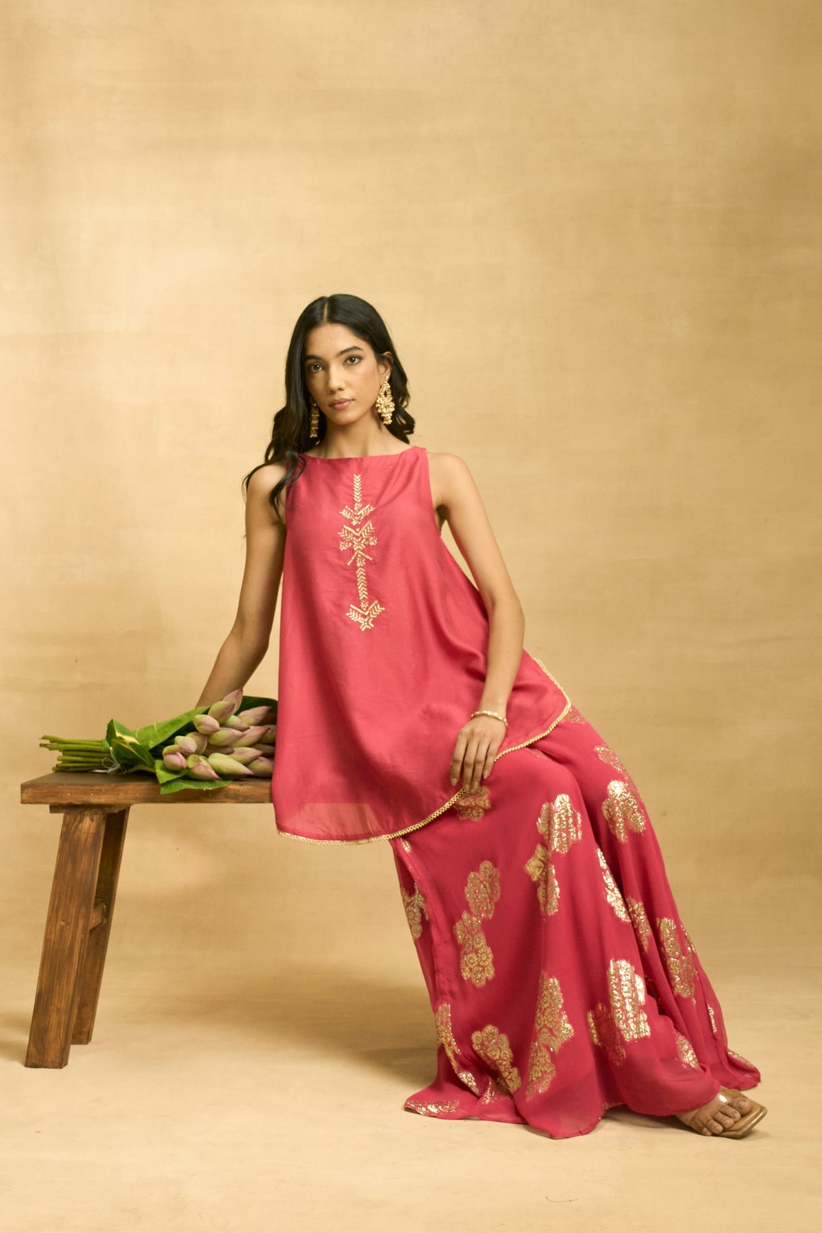 Maroon Glow Set by Grass & Sunshine – maroon chanderi kurta, palazzo and dupatta set, image 7 of 10