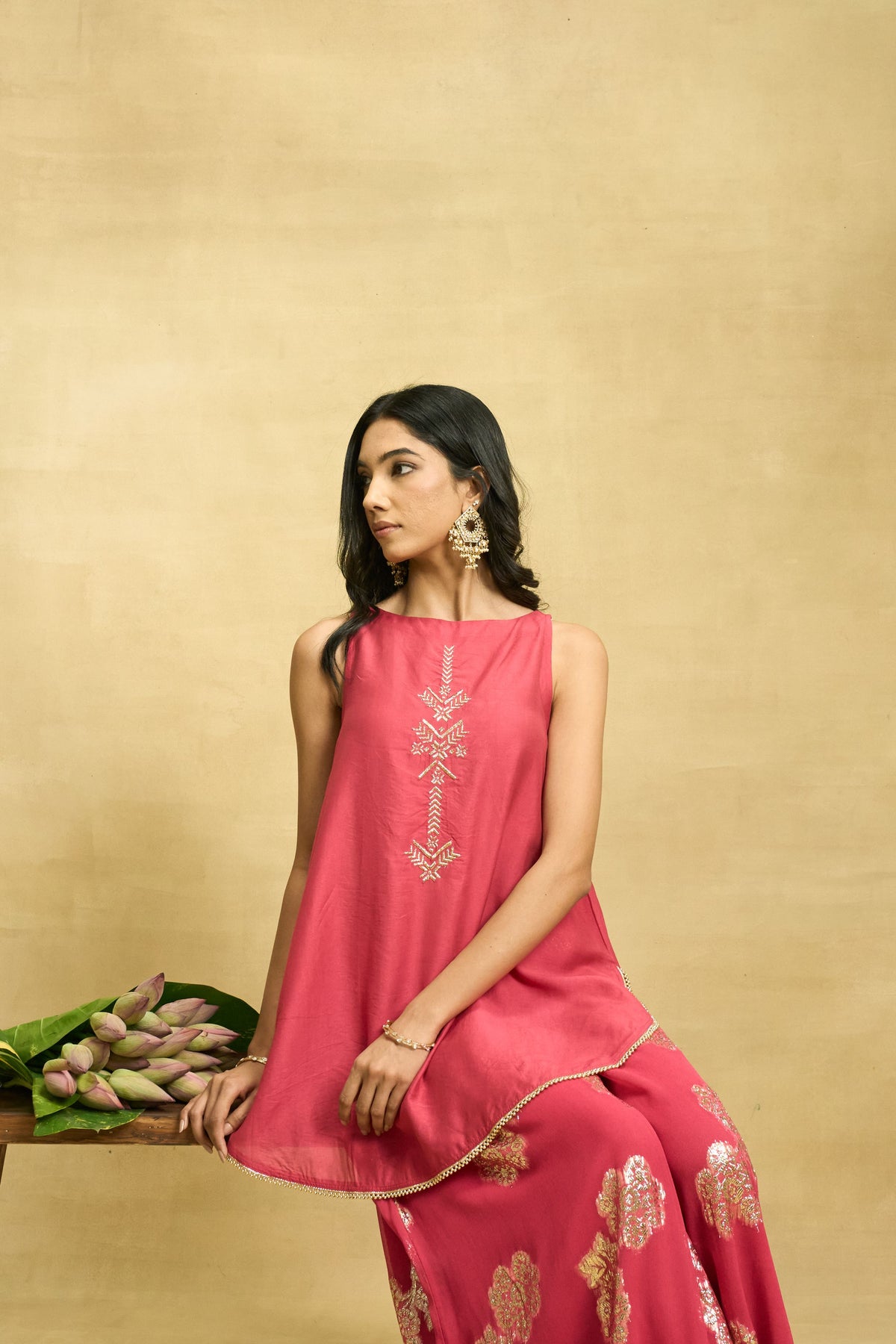 Maroon Glow Set by Grass & Sunshine – maroon chanderi kurta, palazzo and dupatta set, image 8 of 10