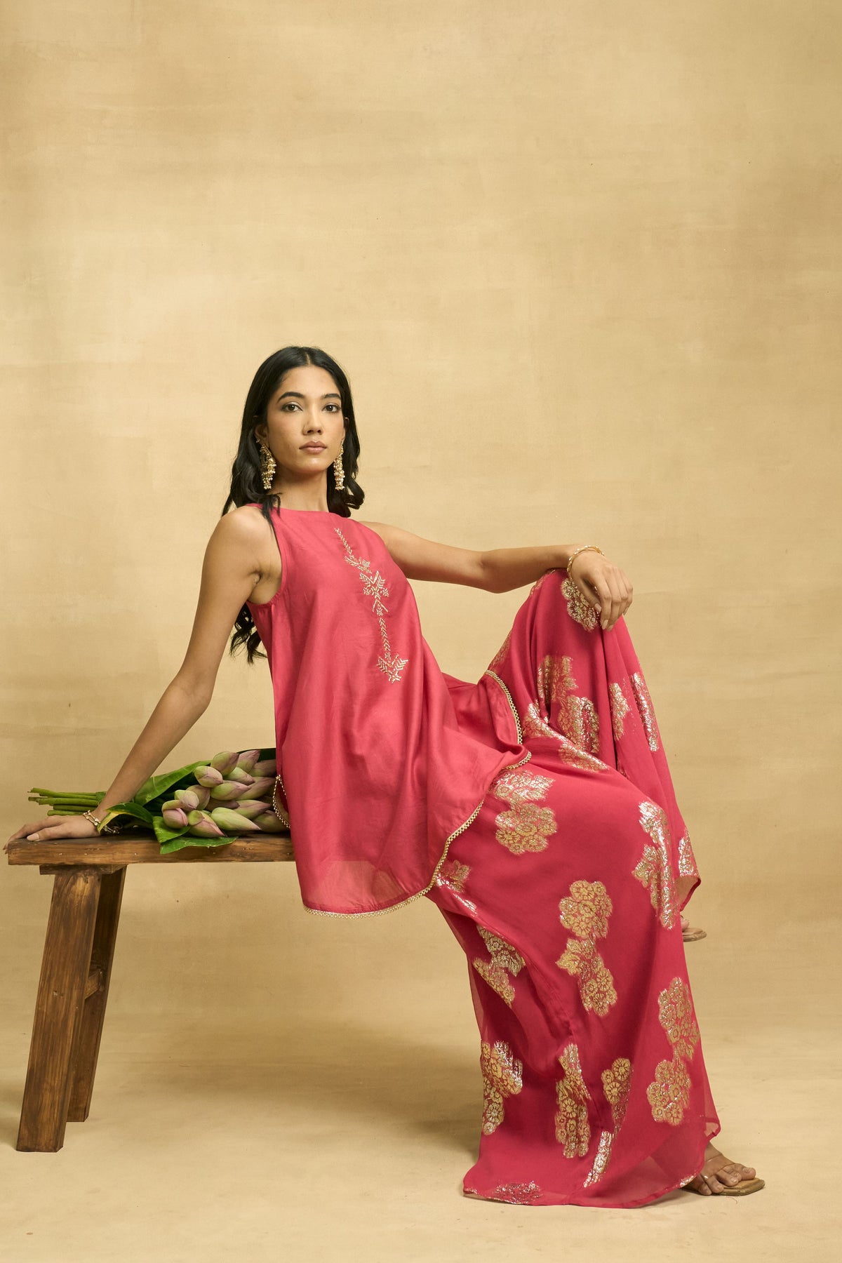 Maroon Glow Set by Grass & Sunshine – maroon chanderi kurta, palazzo and dupatta set, image 9 of 10