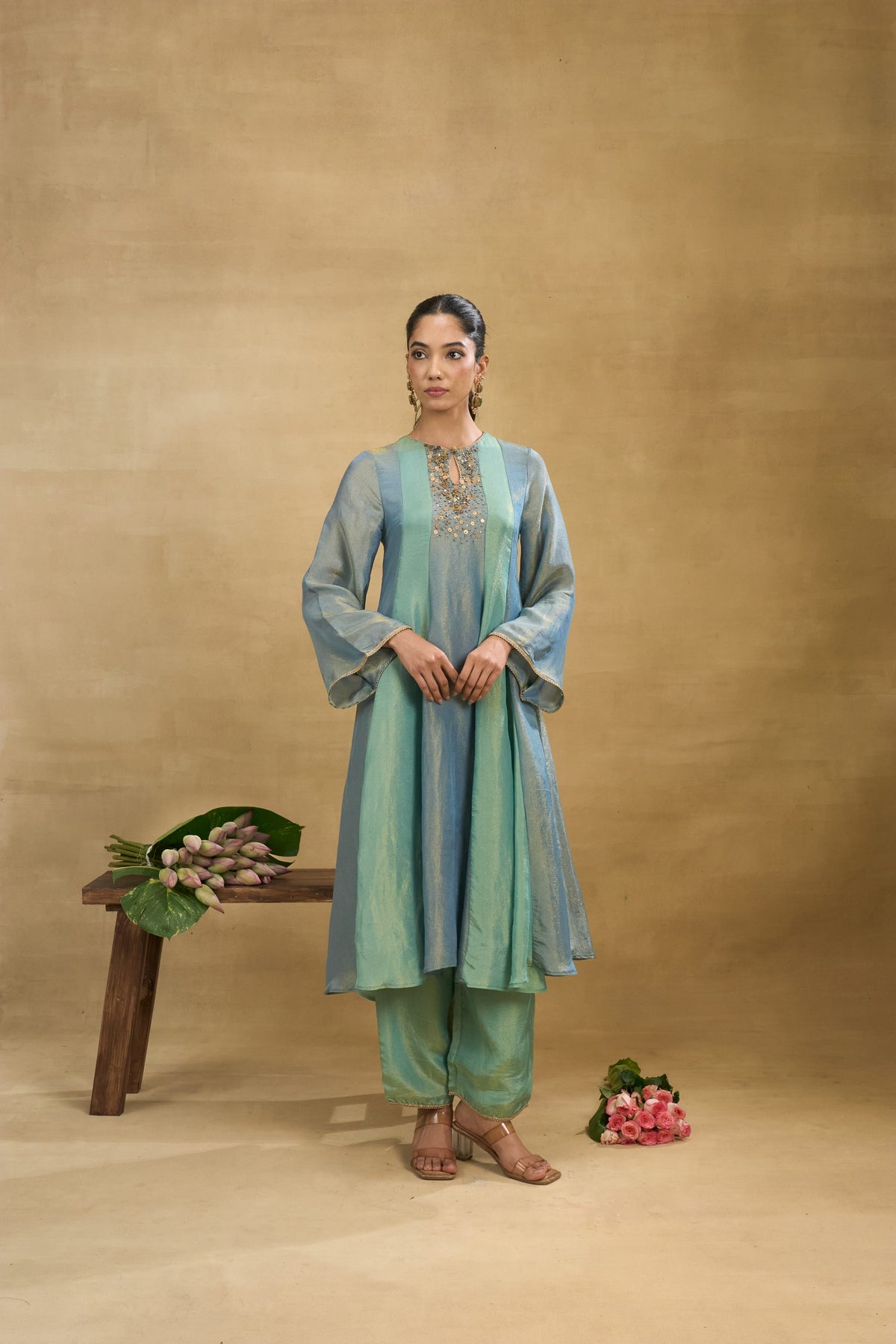 Seafoam Shimmer Set by Grass & Sunshine – sea green tissue kurta, pant and dupatta set, image 1 of 6