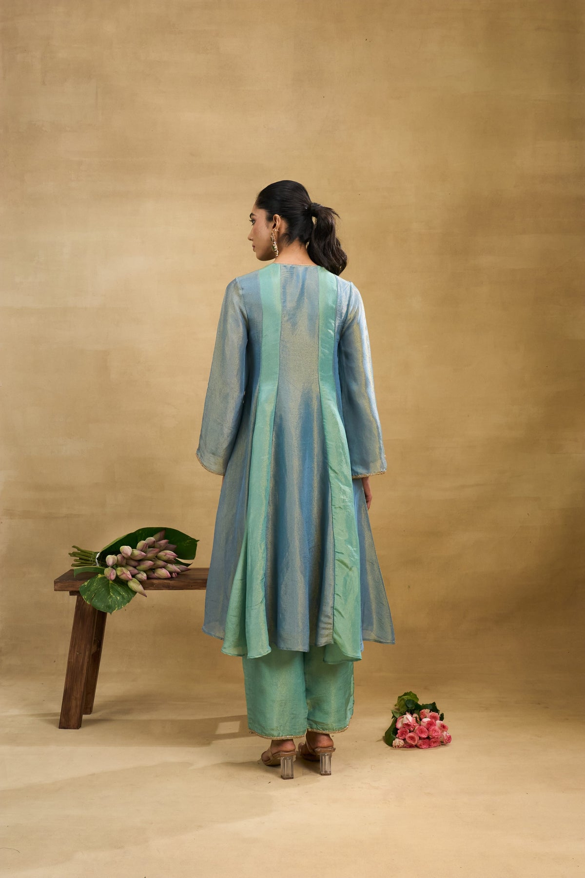 Seafoam Shimmer Set by Grass & Sunshine – sea green tissue kurta, pant and dupatta set, image 2 of 6