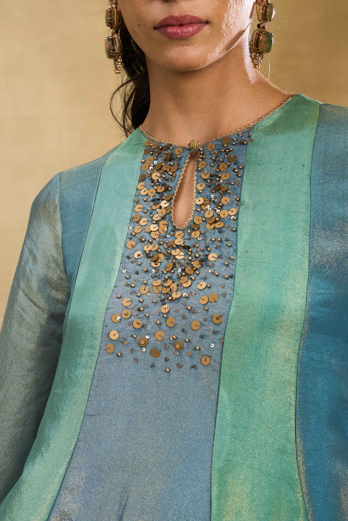 Seafoam Shimmer Set by Grass & Sunshine – sea green tissue kurta, pant and dupatta set, image 3 of 6