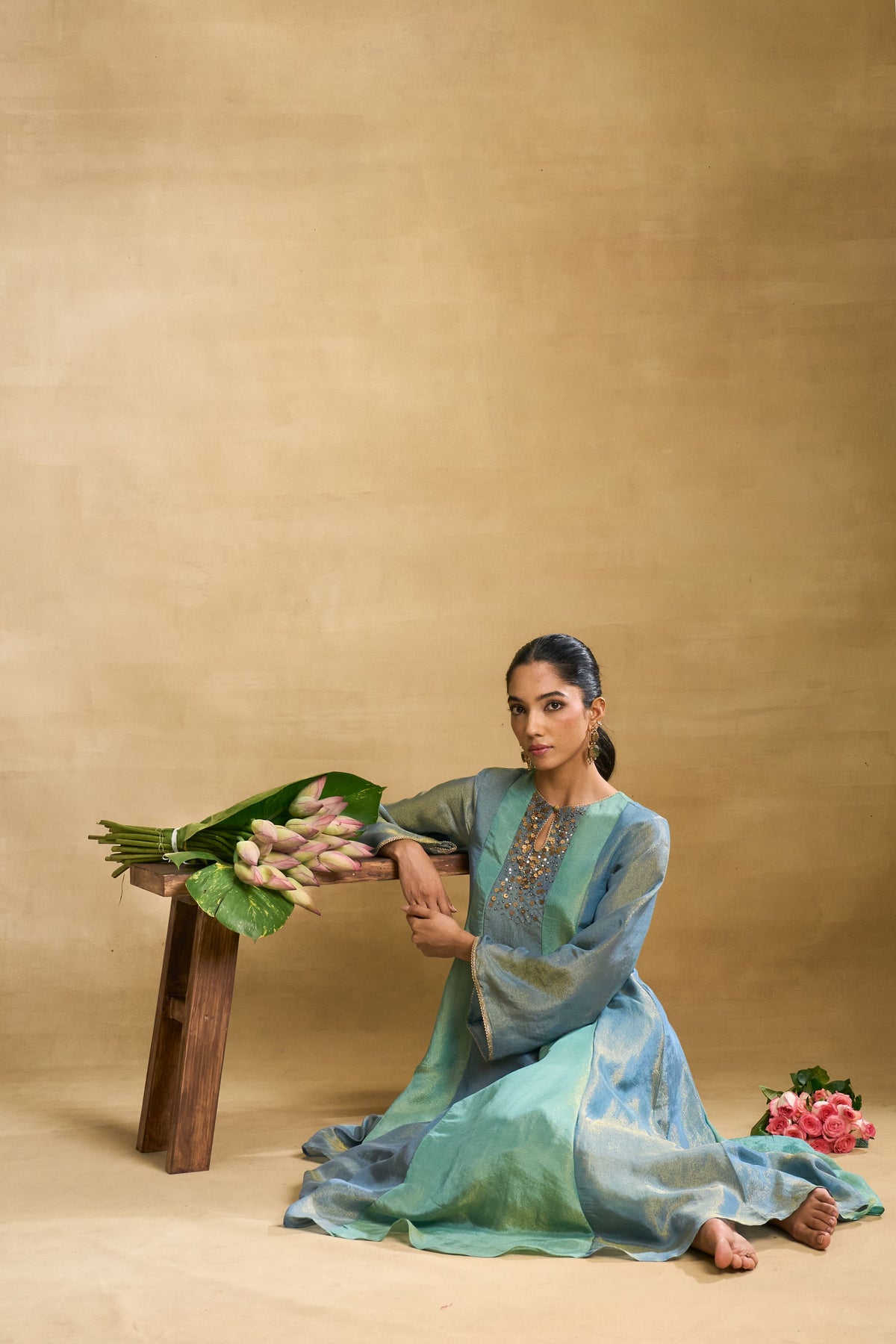 Seafoam Shimmer Set by Grass & Sunshine – sea green tissue kurta, pant and dupatta set, image 4 of 6