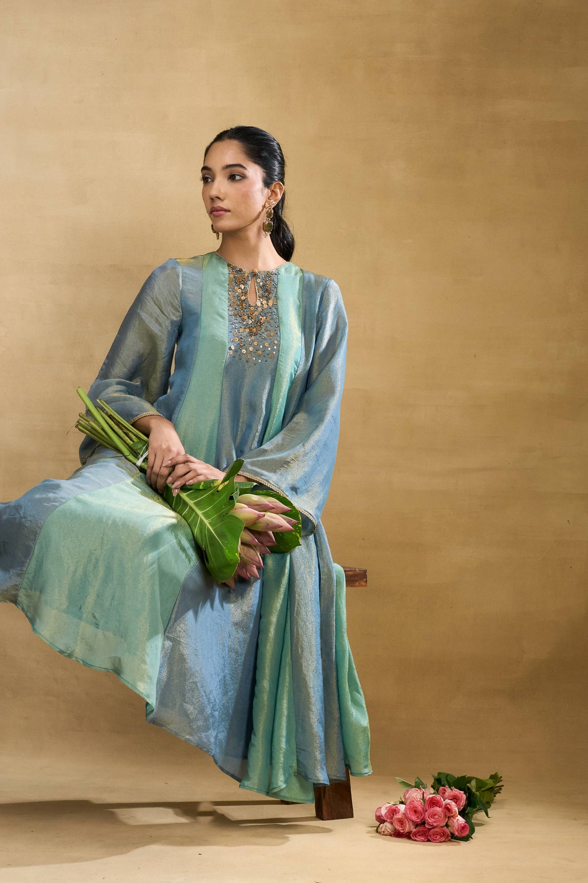 Seafoam Shimmer Set by Grass & Sunshine – sea green tissue kurta, pant and dupatta set, image 5 of 6