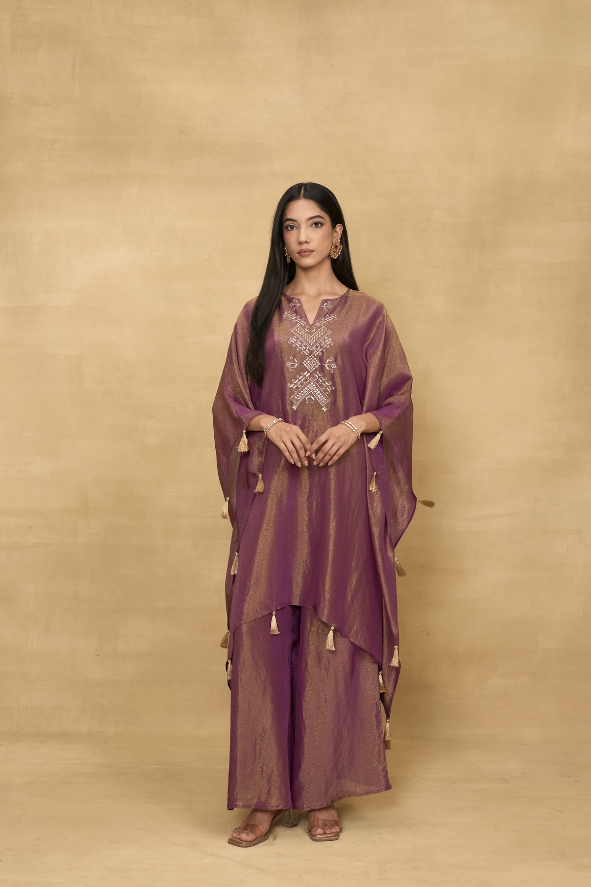 Plum Kaftan Dreams Set by Grass & Sunshine – plum tissue kaftan and palazzo set, image 1 of 6