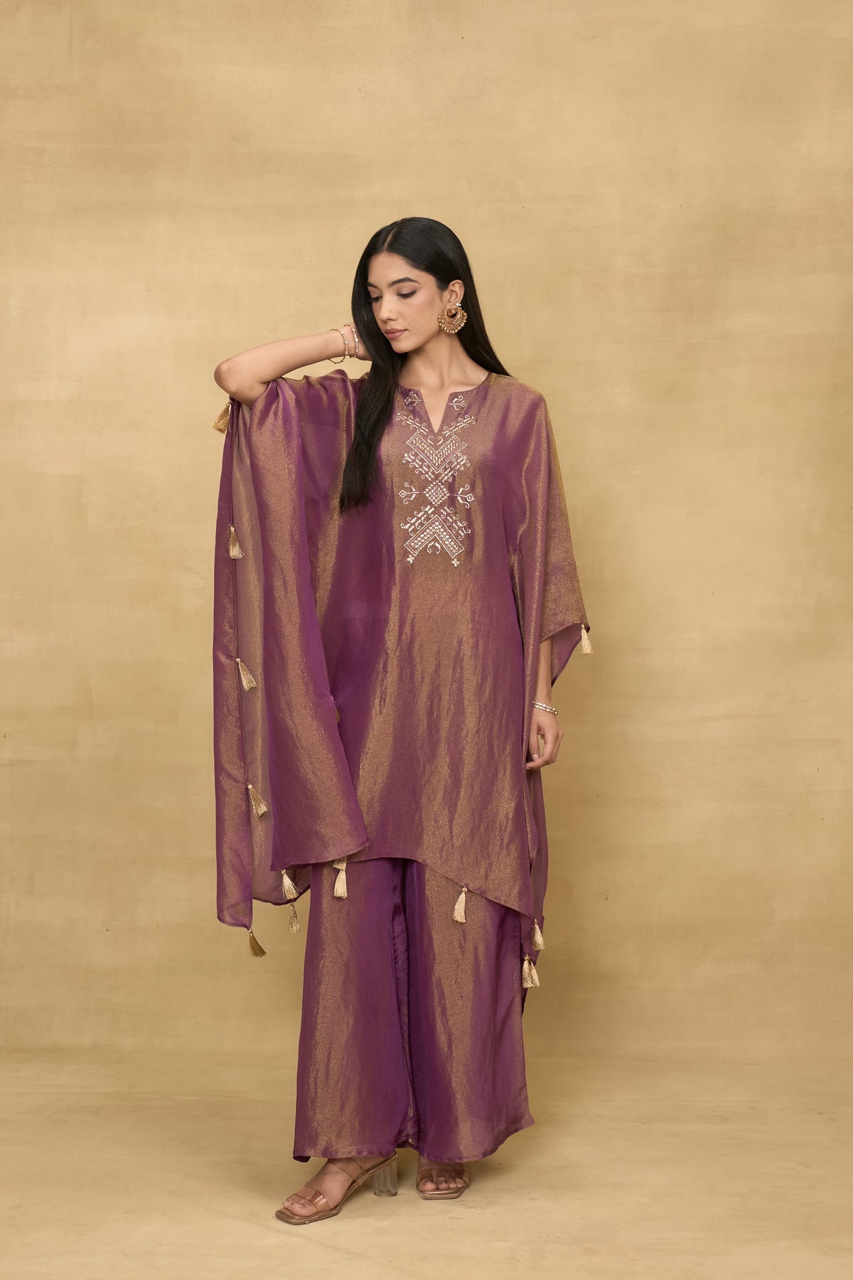 Plum Kaftan Dreams Set by Grass & Sunshine – plum tissue kaftan and palazzo set, image 4 of 6