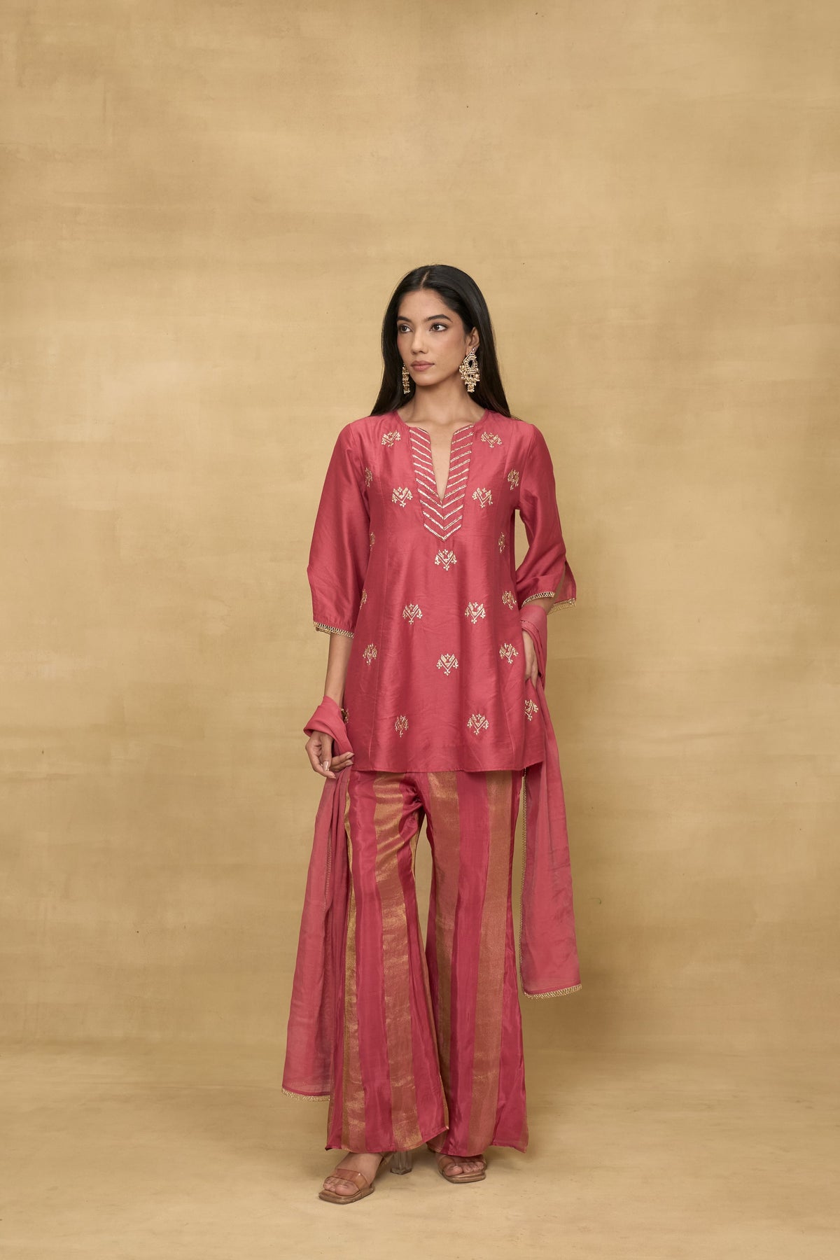 Raspberry Stripe Set by Grass & Sunshine – raspberry pink kurta, striped pant and dupatta set, image 1 of 6