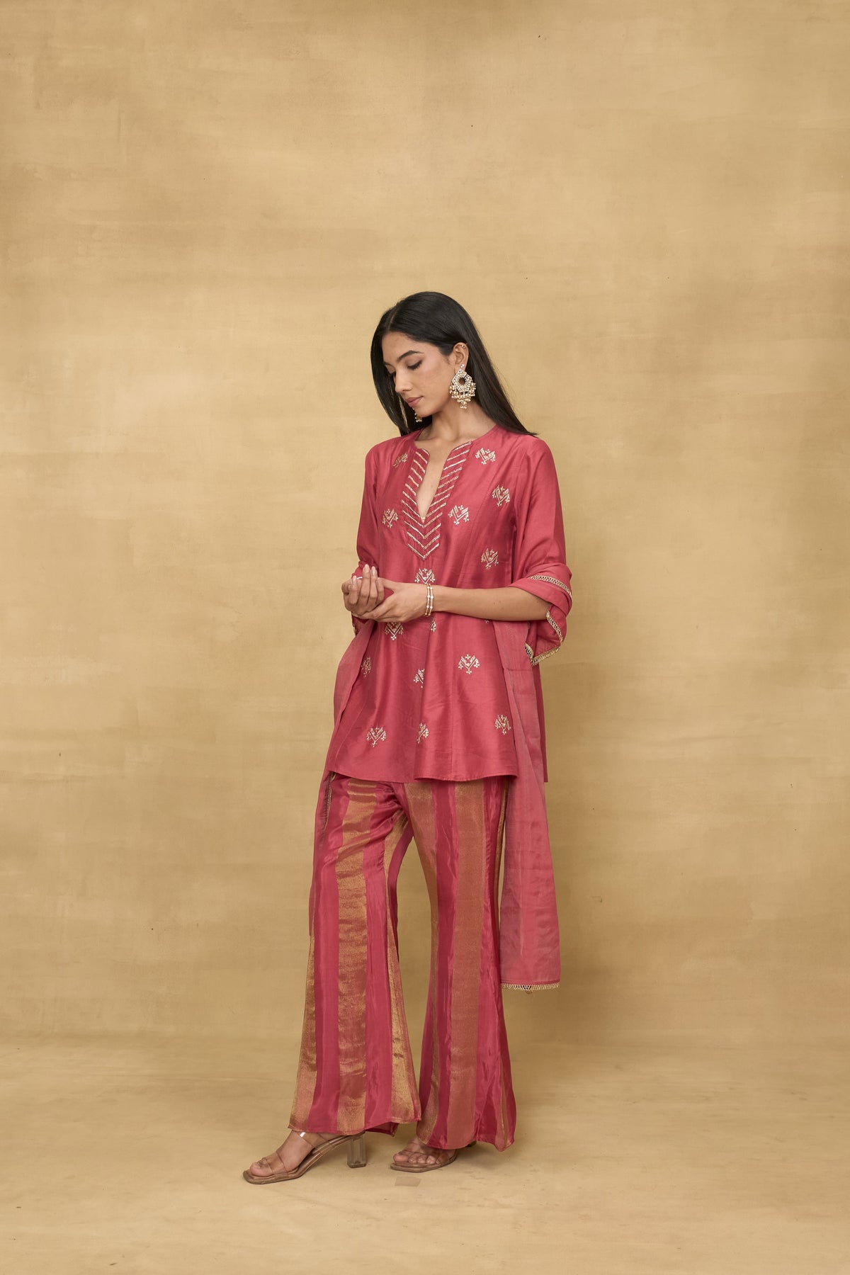 Raspberry Stripe Set by Grass & Sunshine – raspberry pink kurta, striped pant and dupatta set, image 4 of 6