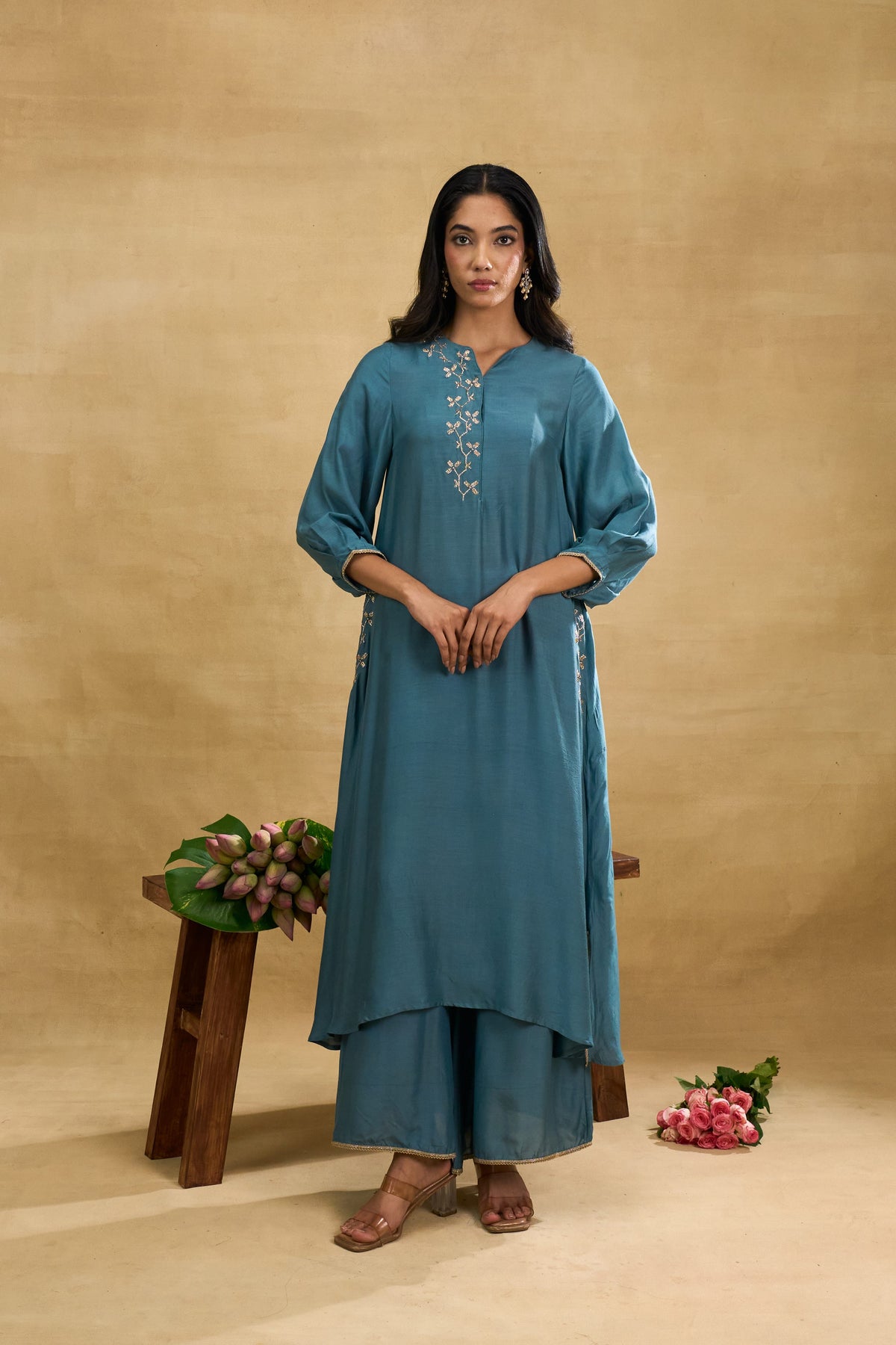 Teal Vine Set by Grass & Sunshine – teal modal kurta and palazzo set, image 1 of 6