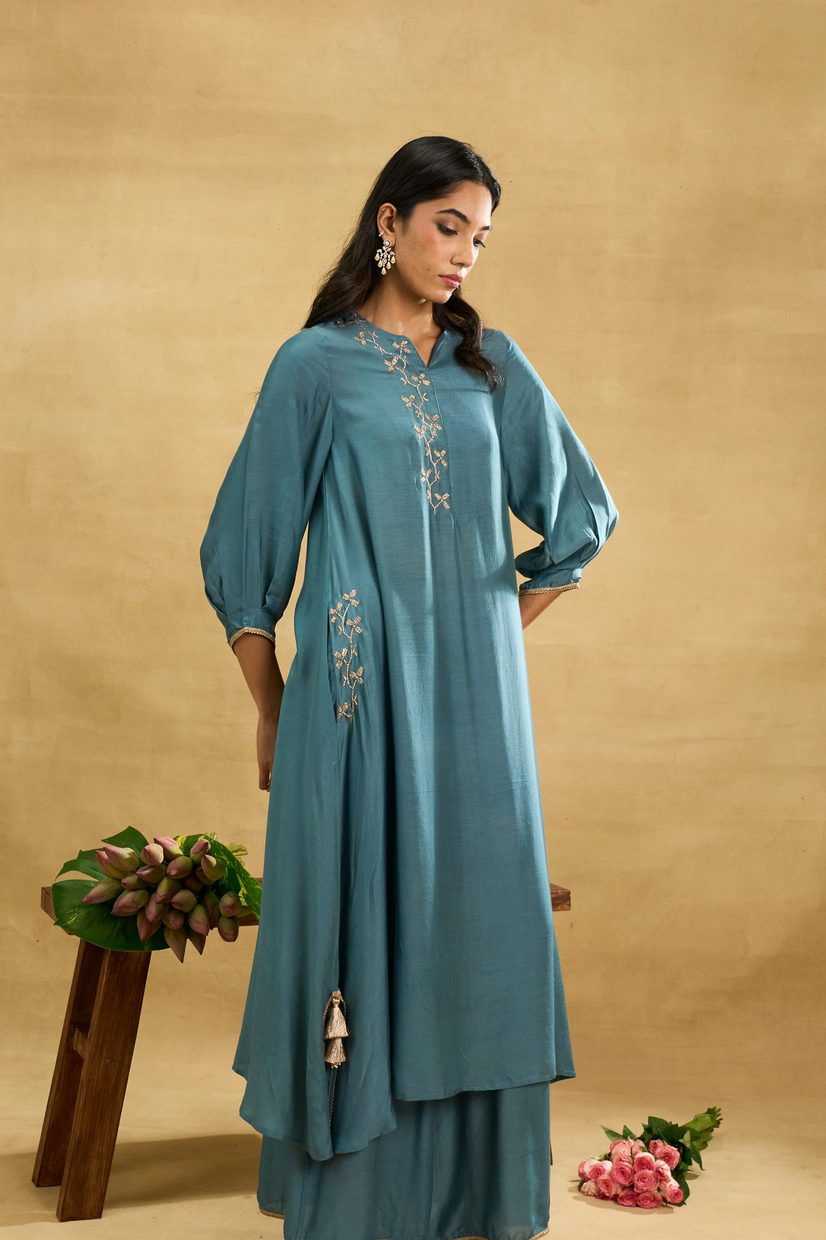 Teal Vine Set by Grass & Sunshine – teal modal kurta and palazzo set, image 3 of 6