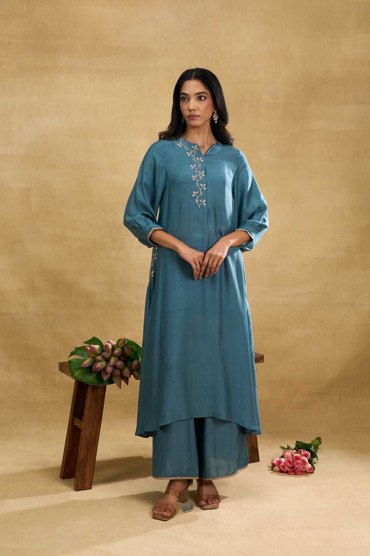 Teal Vine Set by Grass & Sunshine – teal modal kurta and palazzo set, image 4 of 6