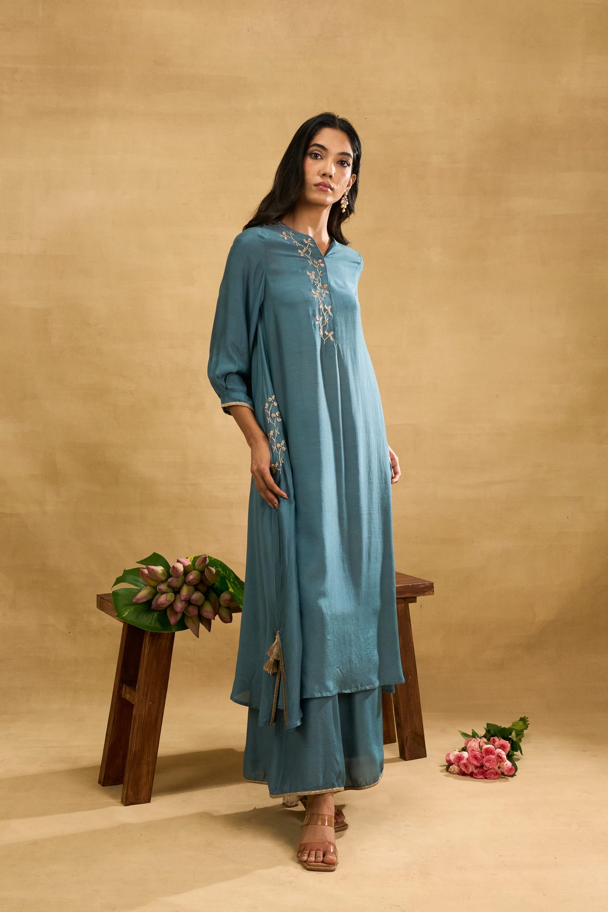 Teal Vine Set by Grass & Sunshine – teal modal kurta and palazzo set, image 5 of 6