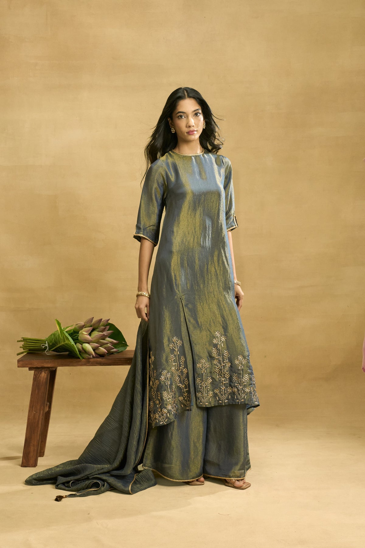 Midnight Meadow Set by Grass & Sunshine – grey-blue tissue kurta, palazzo and dupatta set, image 1 of 6