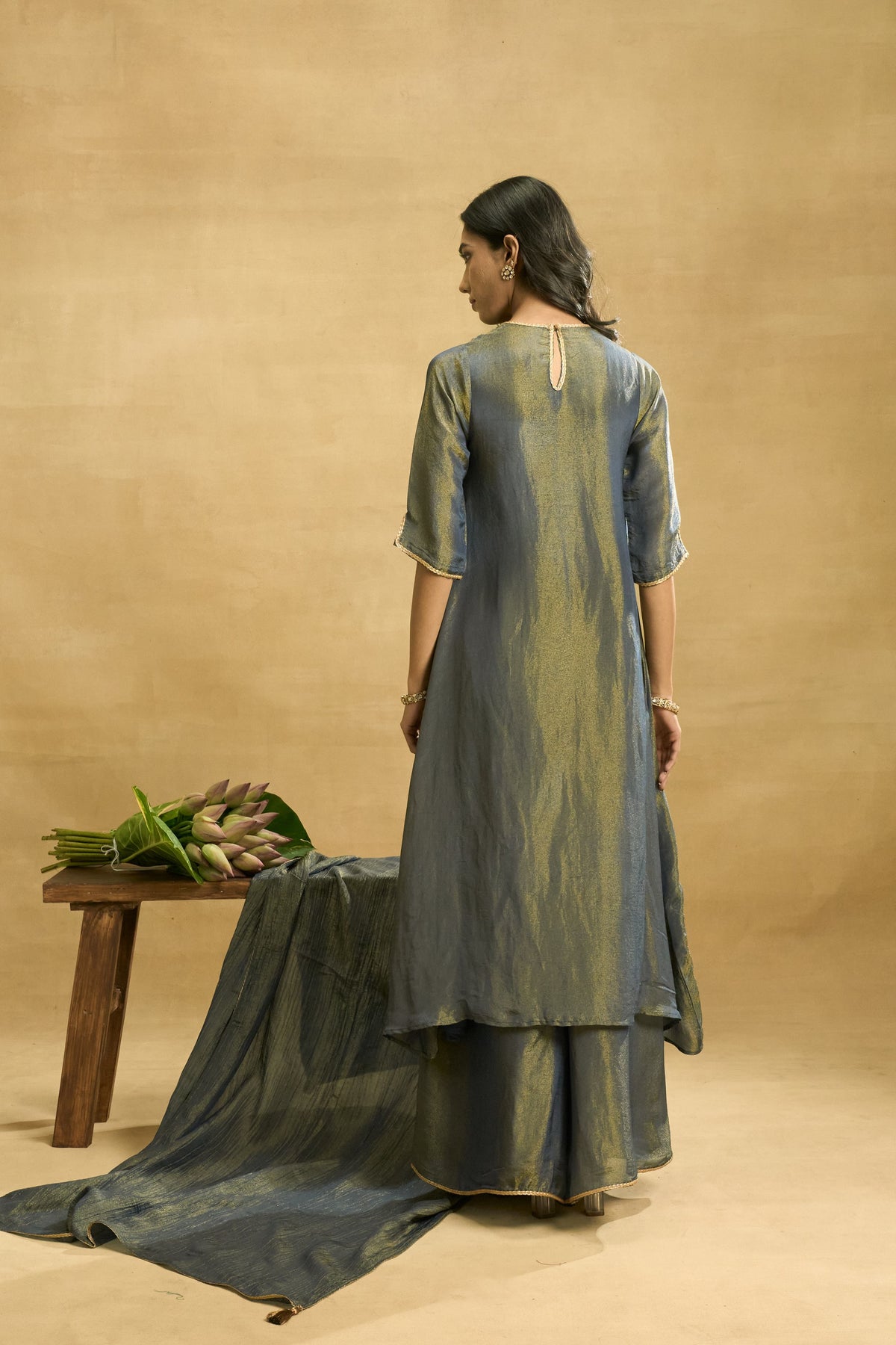 Midnight Meadow Set by Grass & Sunshine – grey-blue tissue kurta, palazzo and dupatta set, image 2 of 6
