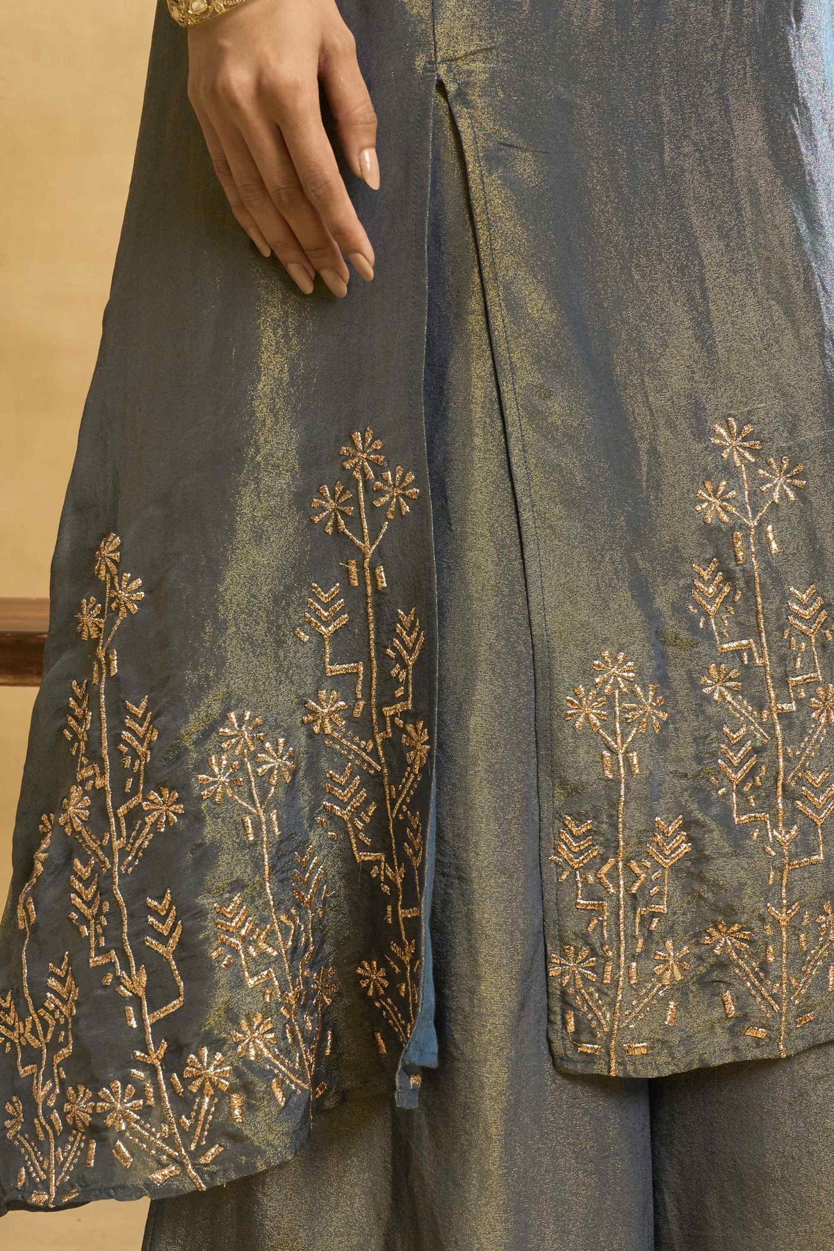 Midnight Meadow Set by Grass & Sunshine – grey-blue tissue kurta, palazzo and dupatta set, image 3 of 6