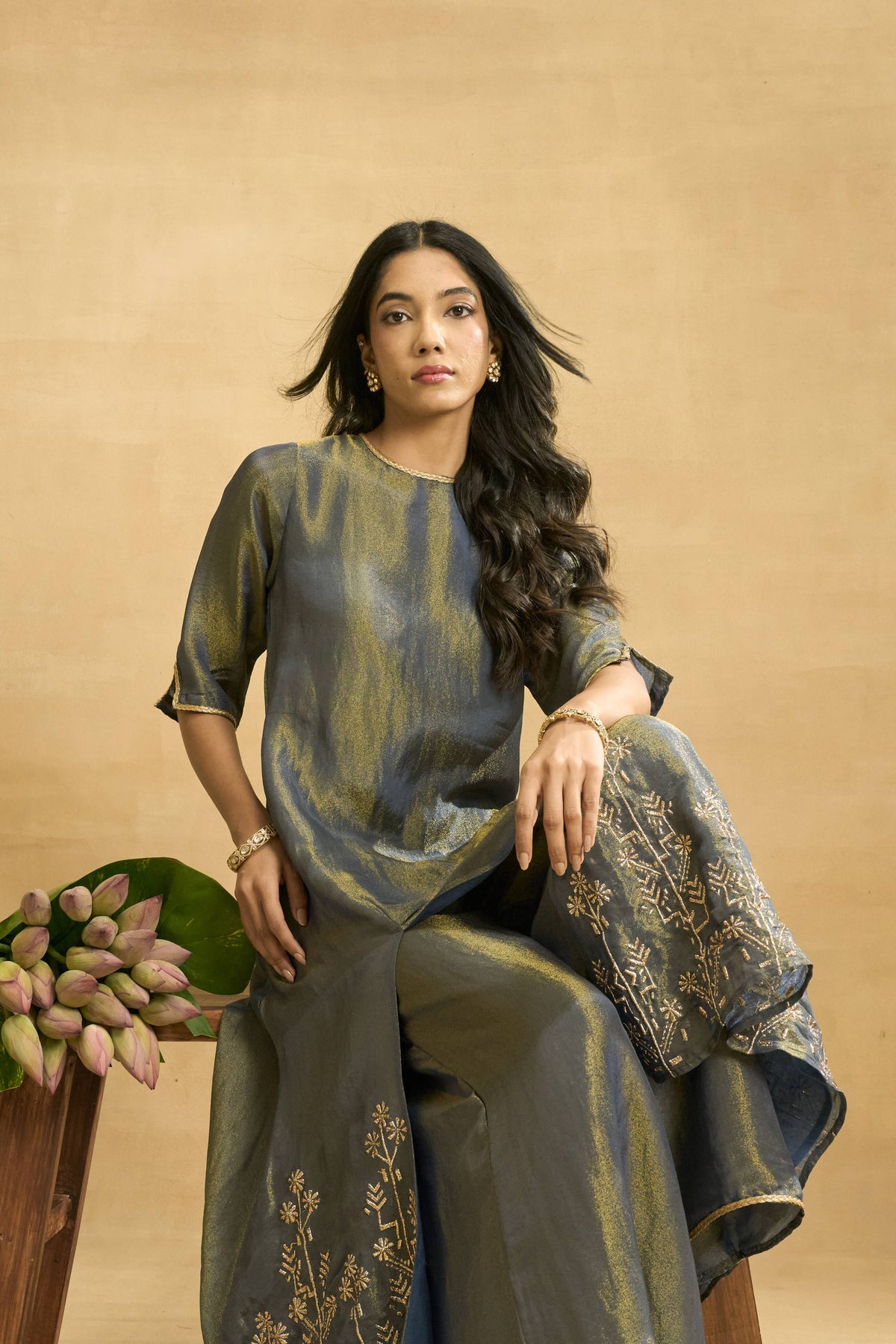 Midnight Meadow Set by Grass & Sunshine – grey-blue tissue kurta, palazzo and dupatta set, image 4 of 6