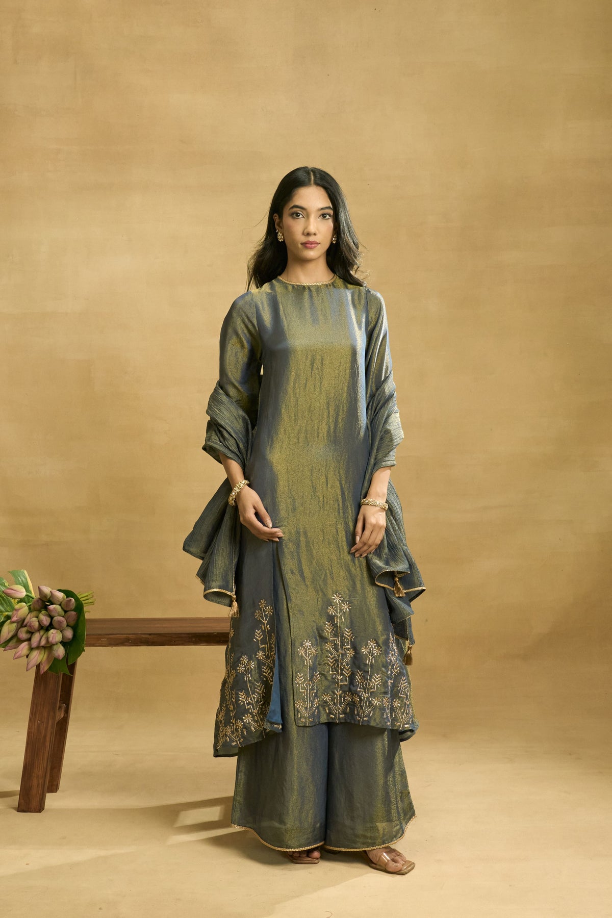 Midnight Meadow Set by Grass & Sunshine – grey-blue tissue kurta, palazzo and dupatta set, image 5 of 6