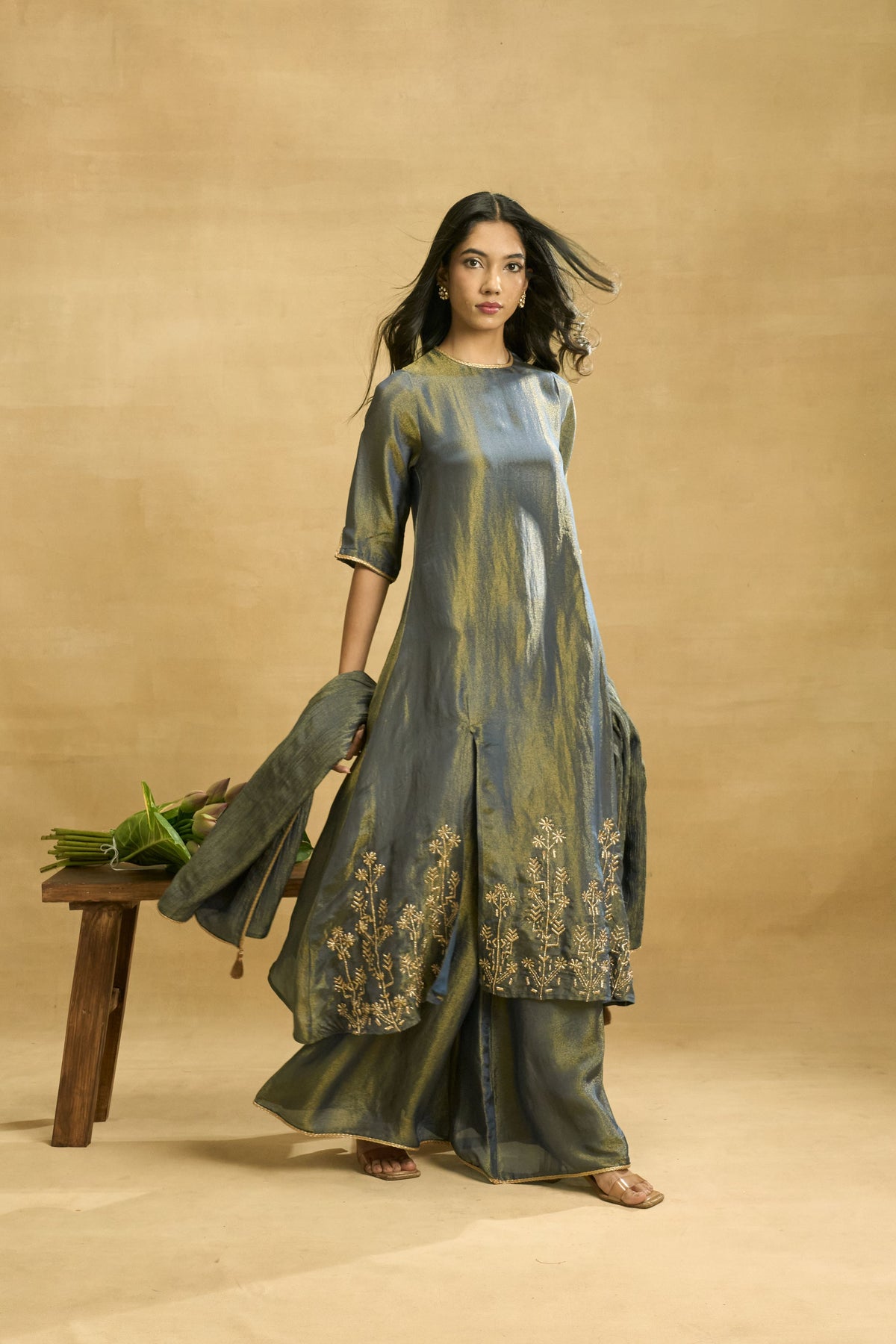 Midnight Meadow Set by Grass & Sunshine – grey-blue tissue kurta, palazzo and dupatta set, image 6 of 6