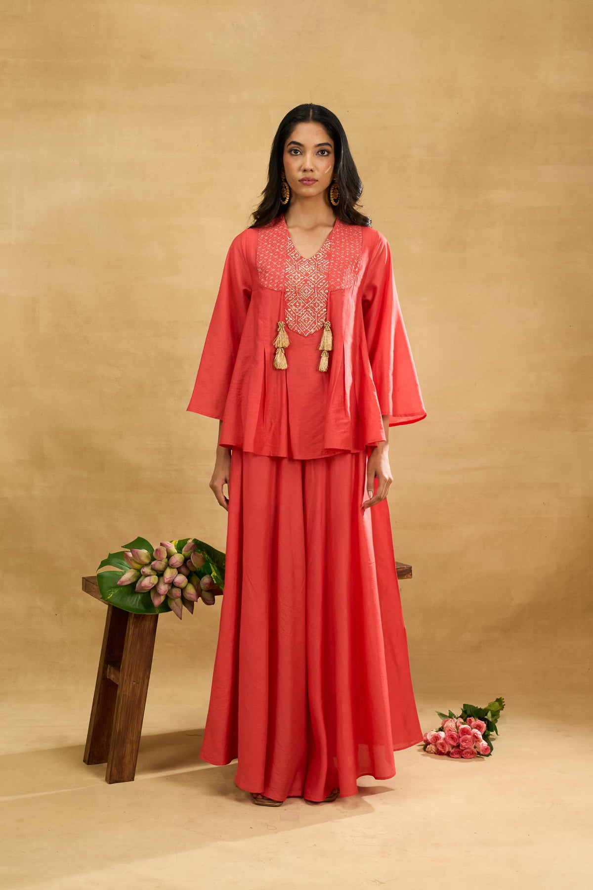 Coral Tassel Set by Grass & Sunshine – coral embroidered top and palazzo set, image 1 of 6