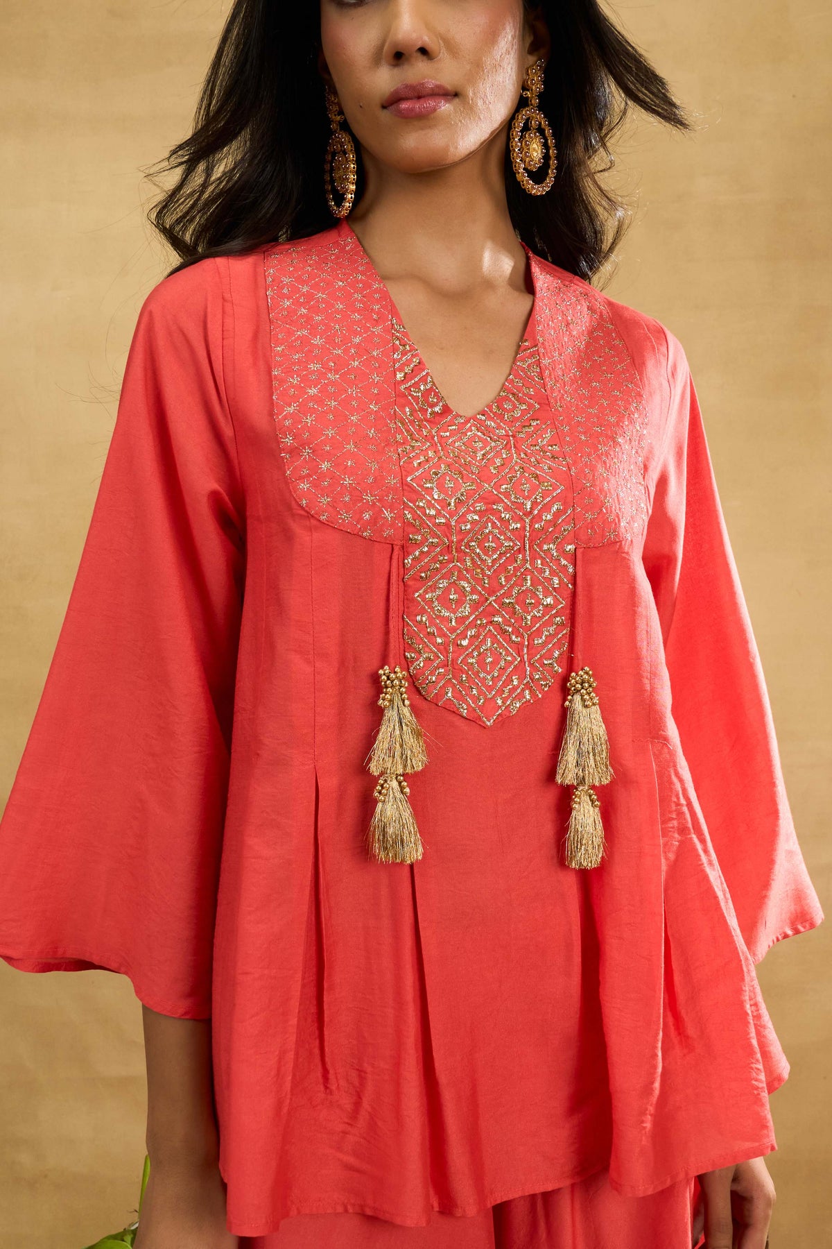 Coral Tassel Set by Grass & Sunshine – coral embroidered top and palazzo set, image 3 of 6