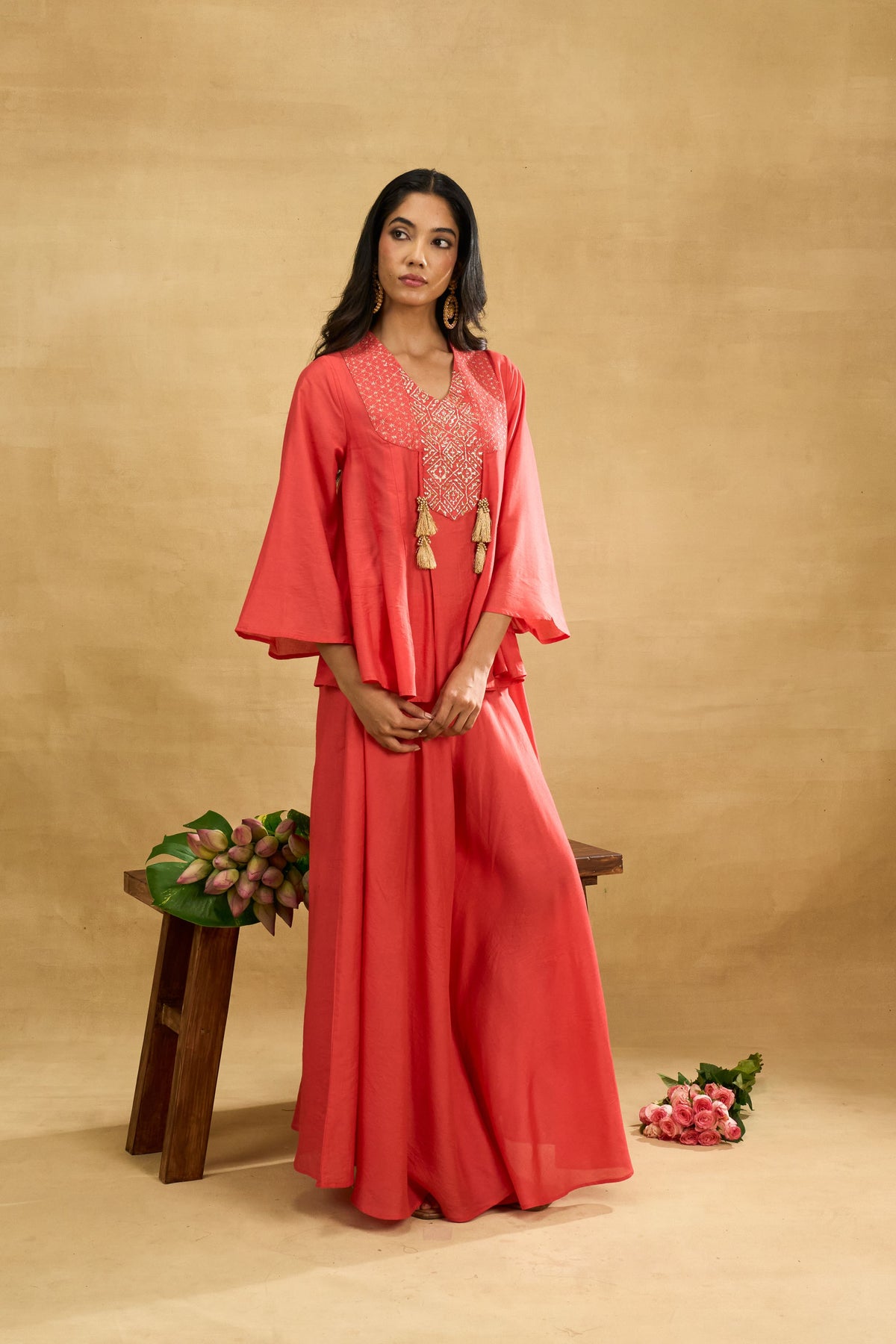 Coral Tassel Set by Grass & Sunshine – coral embroidered top and palazzo set, image 4 of 6