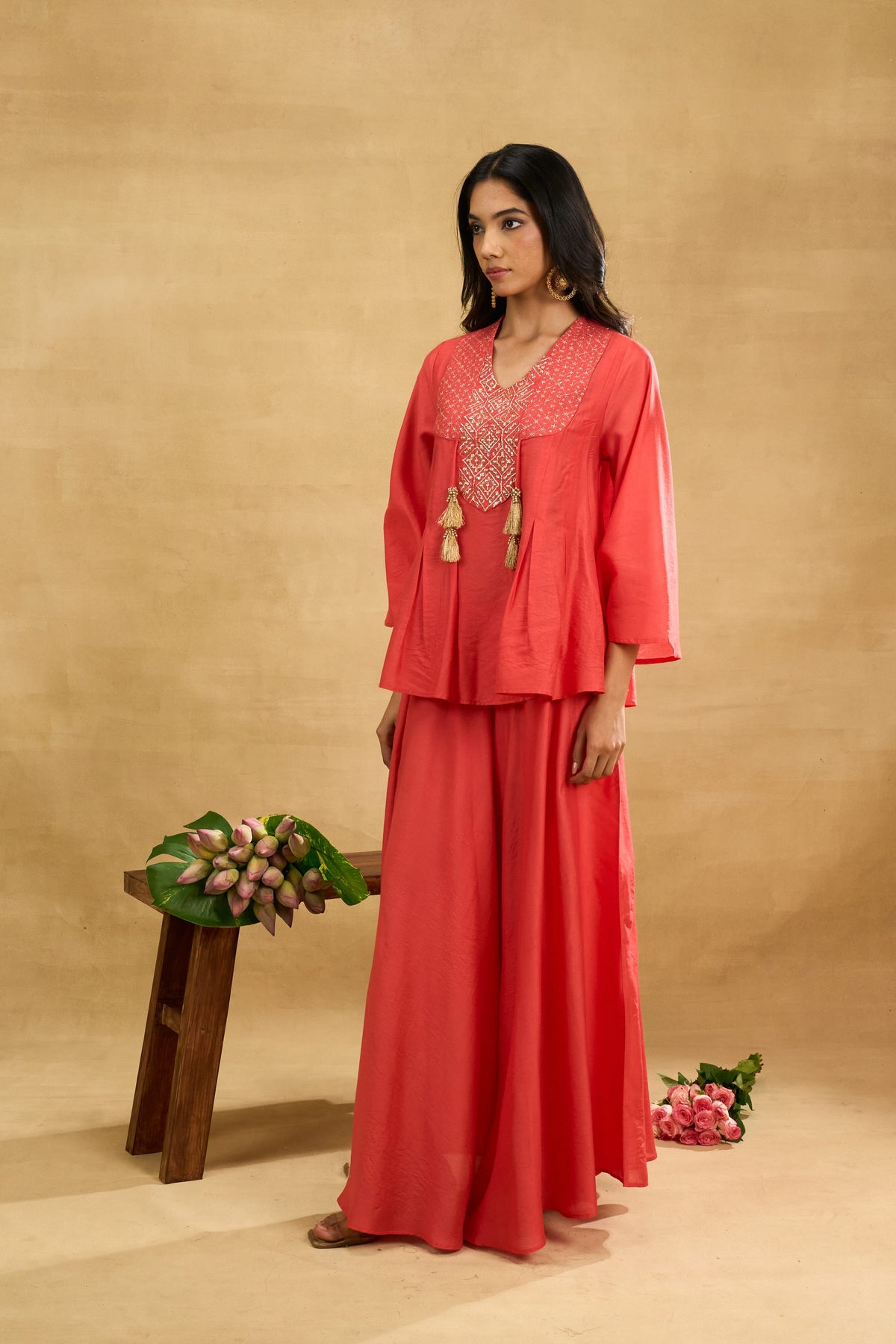 Coral Tassel Set by Grass & Sunshine – coral embroidered top and palazzo set, image 5 of 6