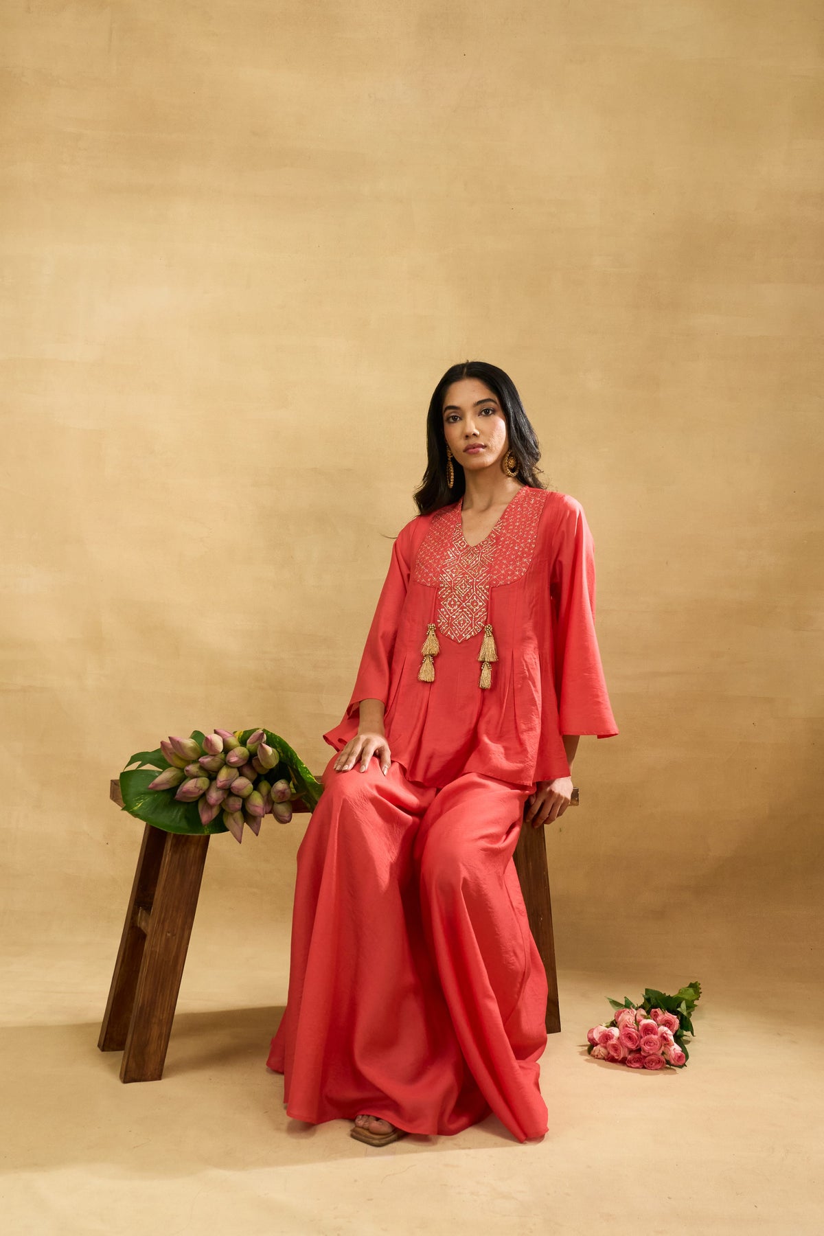 Coral Tassel Set by Grass & Sunshine – coral embroidered top and palazzo set, image 6 of 6