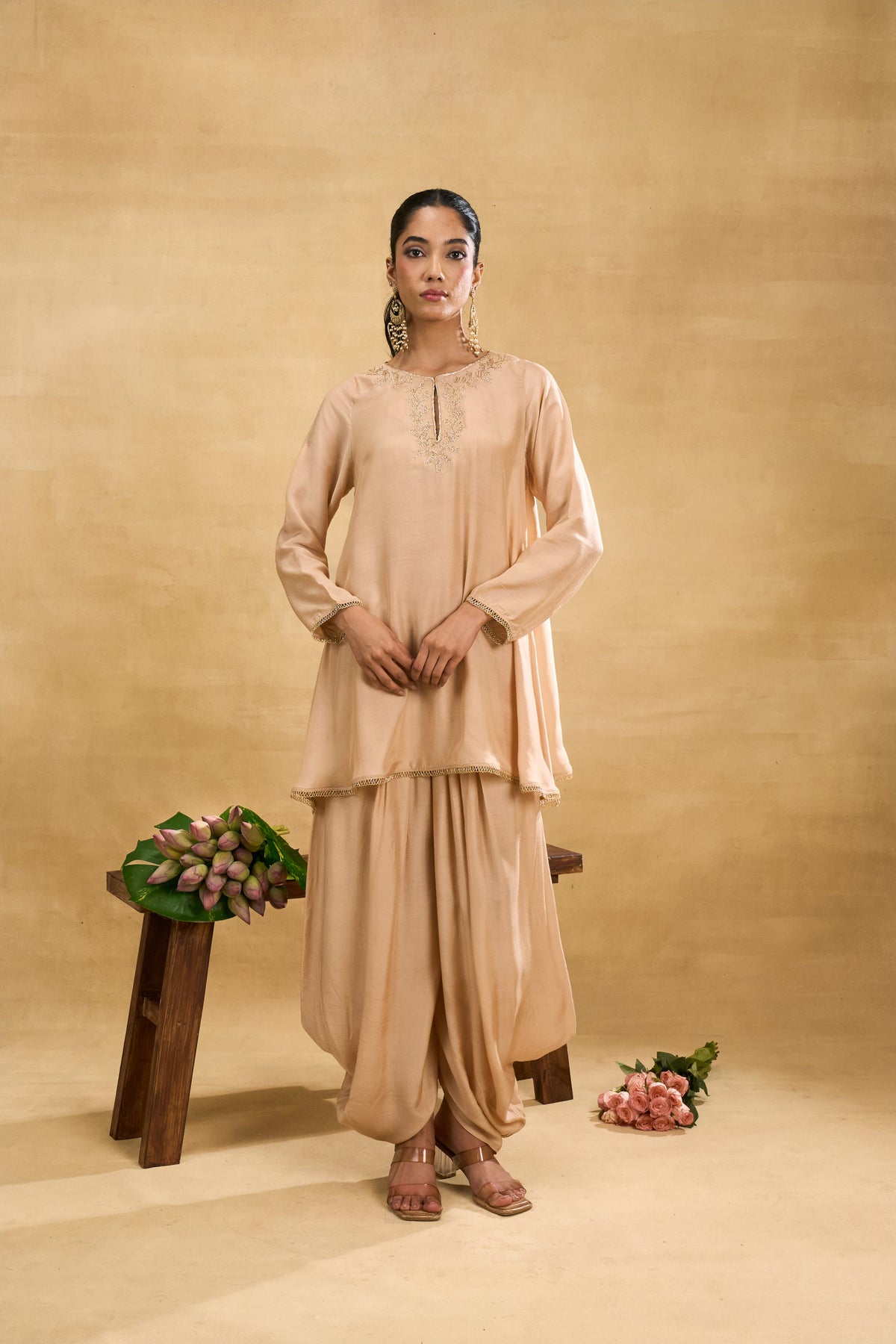 Petal Dhoti Set by Grass & Sunshine – beige modal kurta and dhoti pant set, image 1 of 5