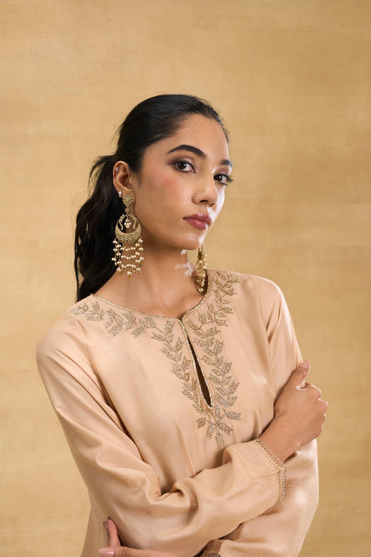 Petal Dhoti Set by Grass & Sunshine – beige modal kurta and dhoti pant set, image 3 of 5