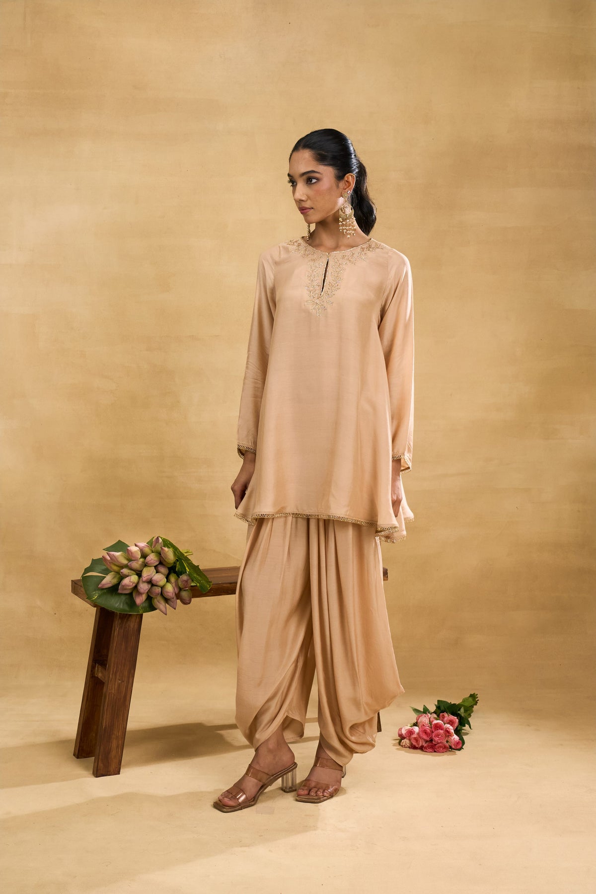Petal Dhoti Set by Grass & Sunshine – beige modal kurta and dhoti pant set, image 4 of 5