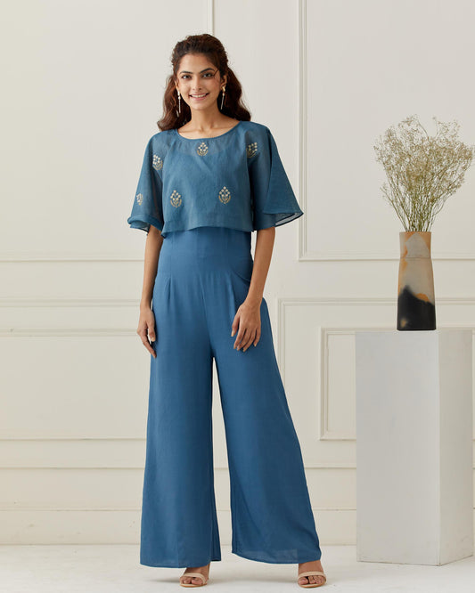 Azure Blue Jumpsuit with Embroidered Cape