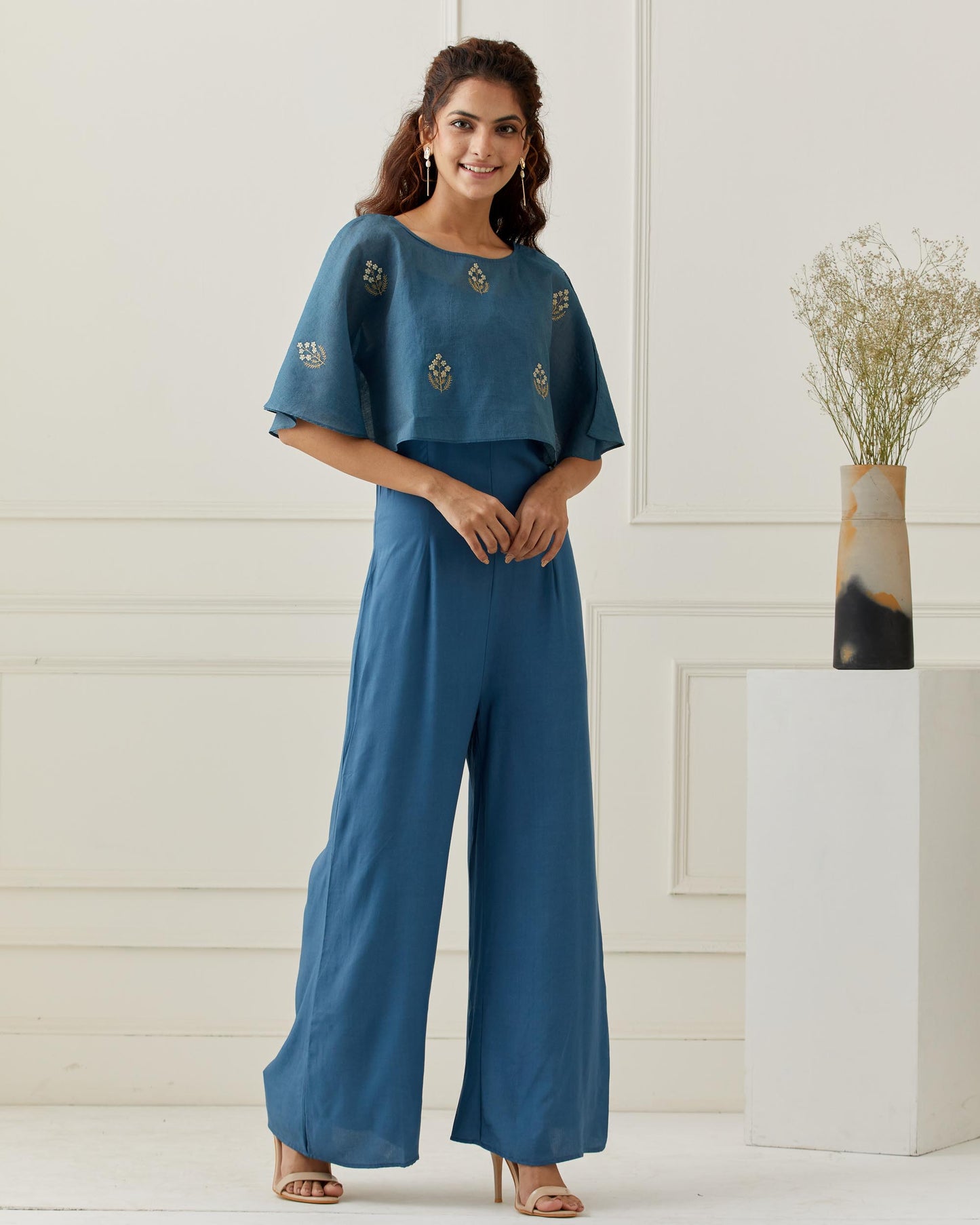 Azure Blue Jumpsuit with Embroidered Cape