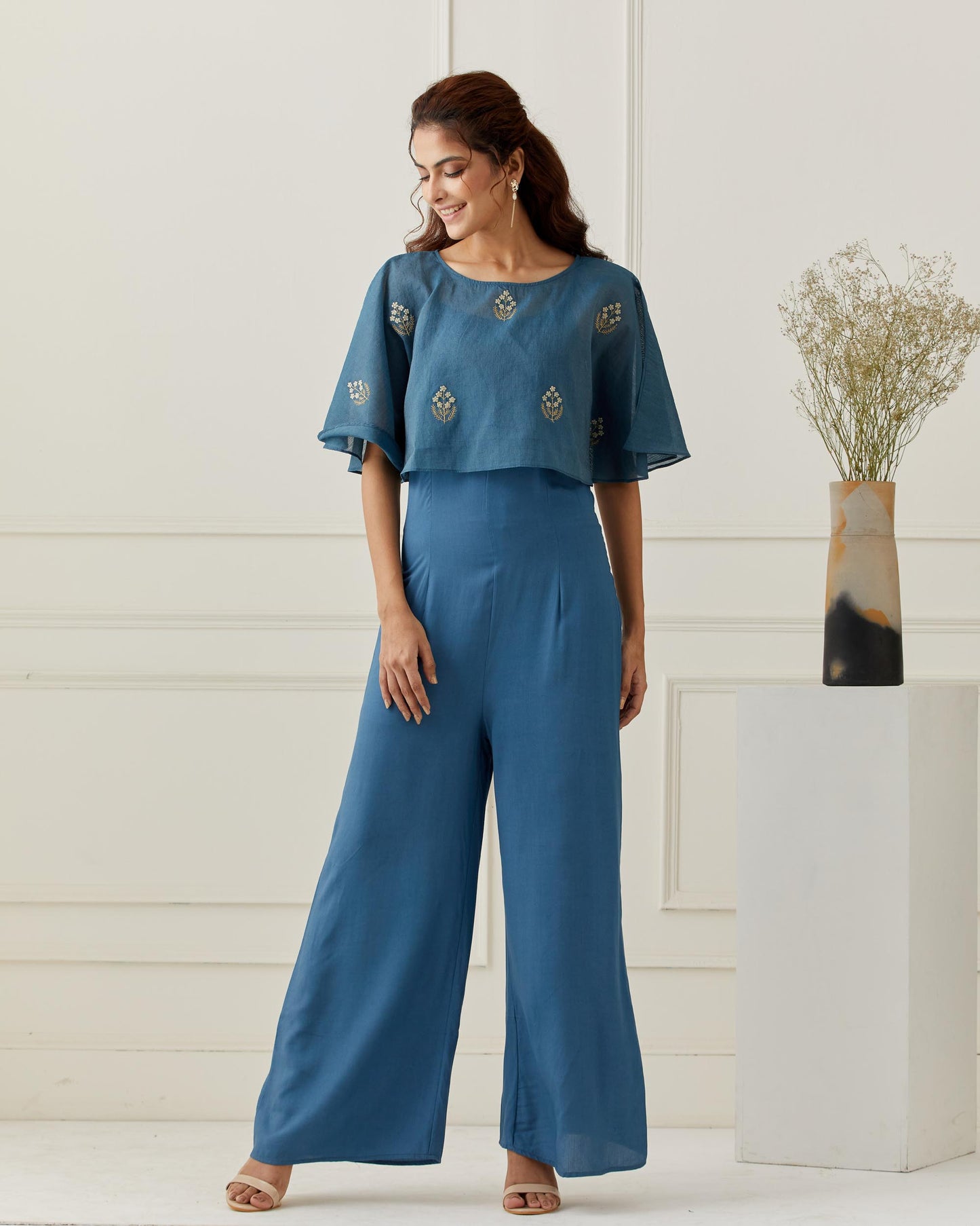 Azure Blue Jumpsuit with Embroidered Cape