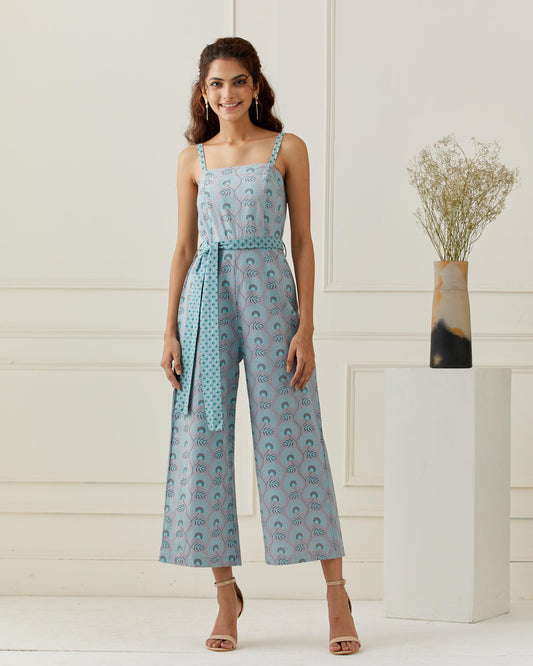 Grey Cotton Printed Jumpsuit with Belt