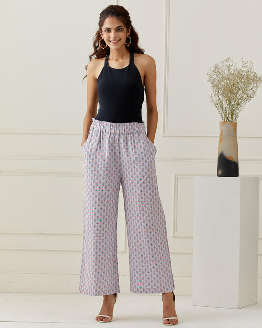 Lilac Printed Linen Flared Pants